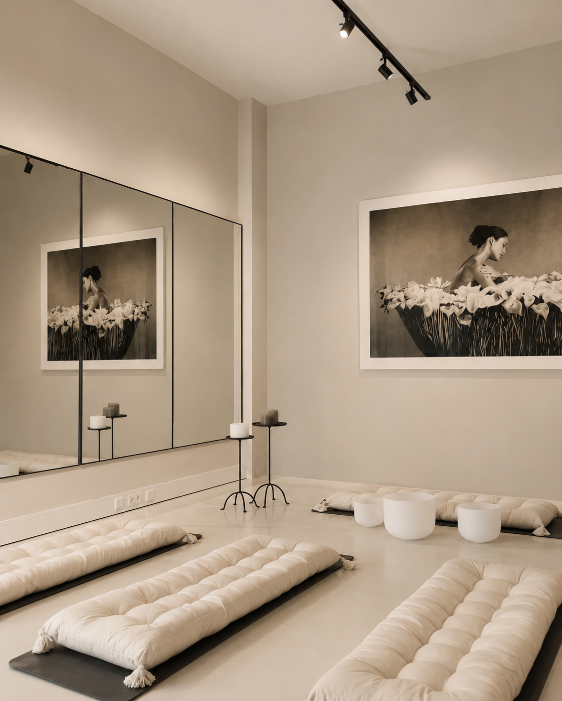 A minimalistic meditation or yoga room with padded floor cushions, candles on stands, a large black-and-white framed photograph of a woman with flowers, and a mirrored wall reflecting part of the room.