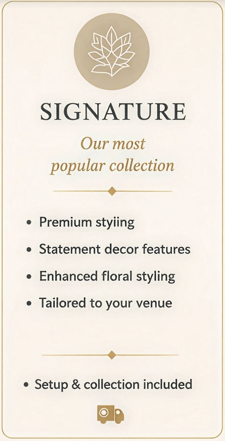 Sign promoting a collection called "Signature" with services like premium styling, statement decor, enhanced floral styling, tailored venue, and setup and collection included, featuring a floral logo at the top.