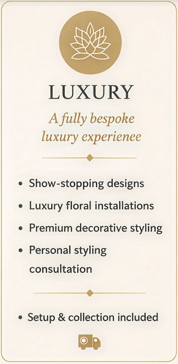 Sign advertising luxury floral installation and styling services, featuring gold and black text and symbols.