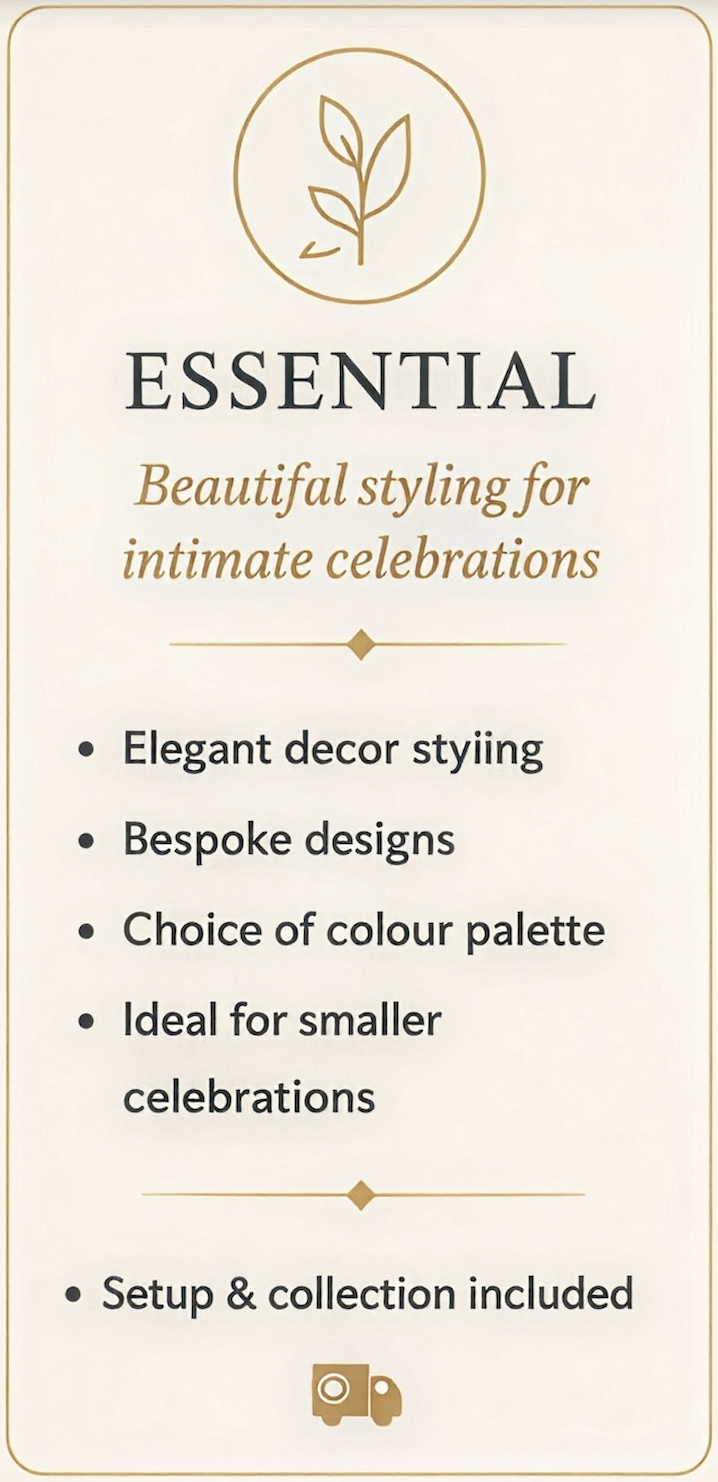 A sign advertising an essential styling service for intimate celebrations, emphasizing elegant decor, bespoke designs, color options, suitable for smaller gatherings, with setup included.