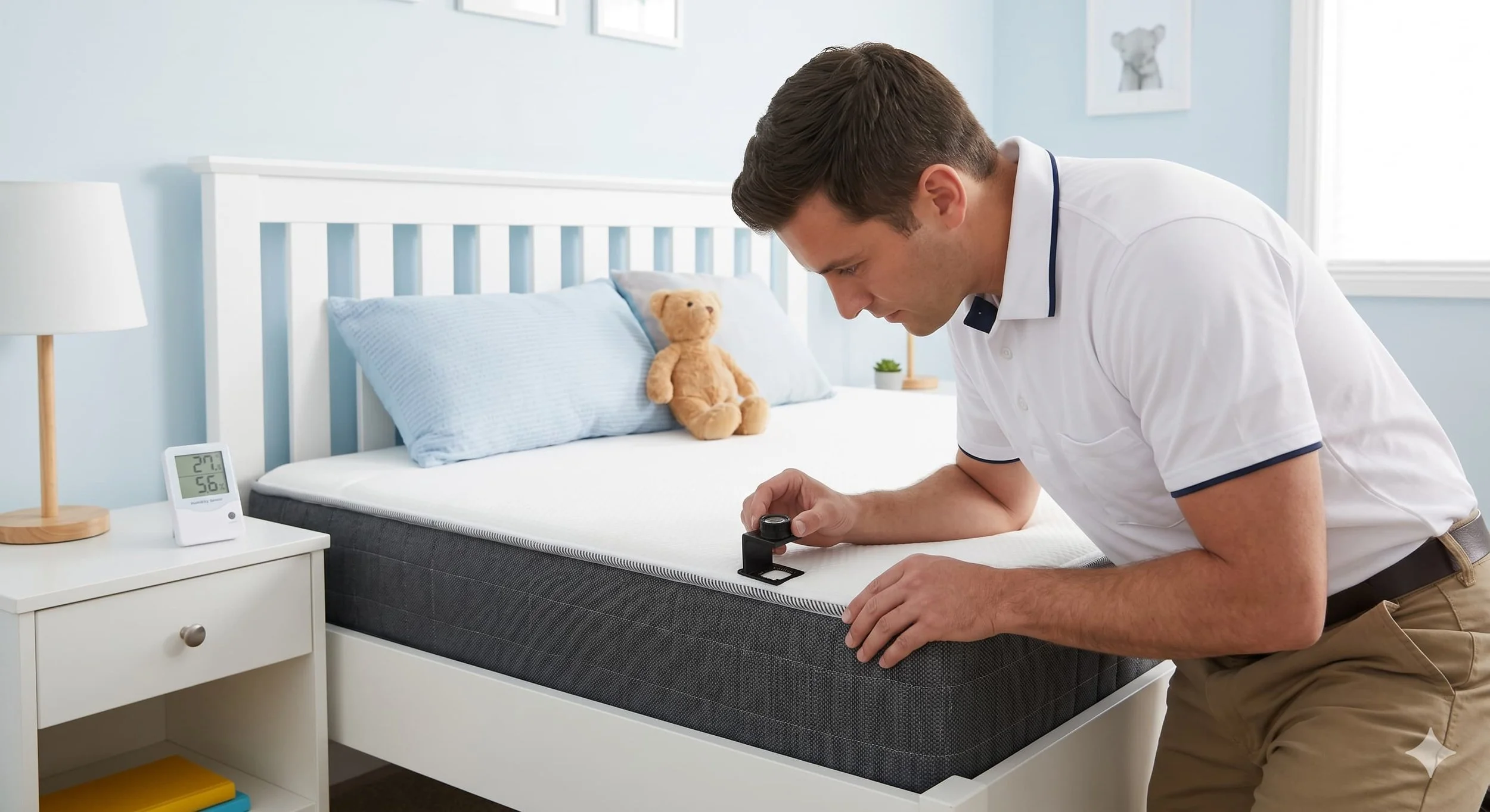 A man examining a mattress with a magnifying glass in a bedroom with a blue theme, a teddy bear on the bed, a digital thermometer on the nightstand, and framed pictures on the wall.