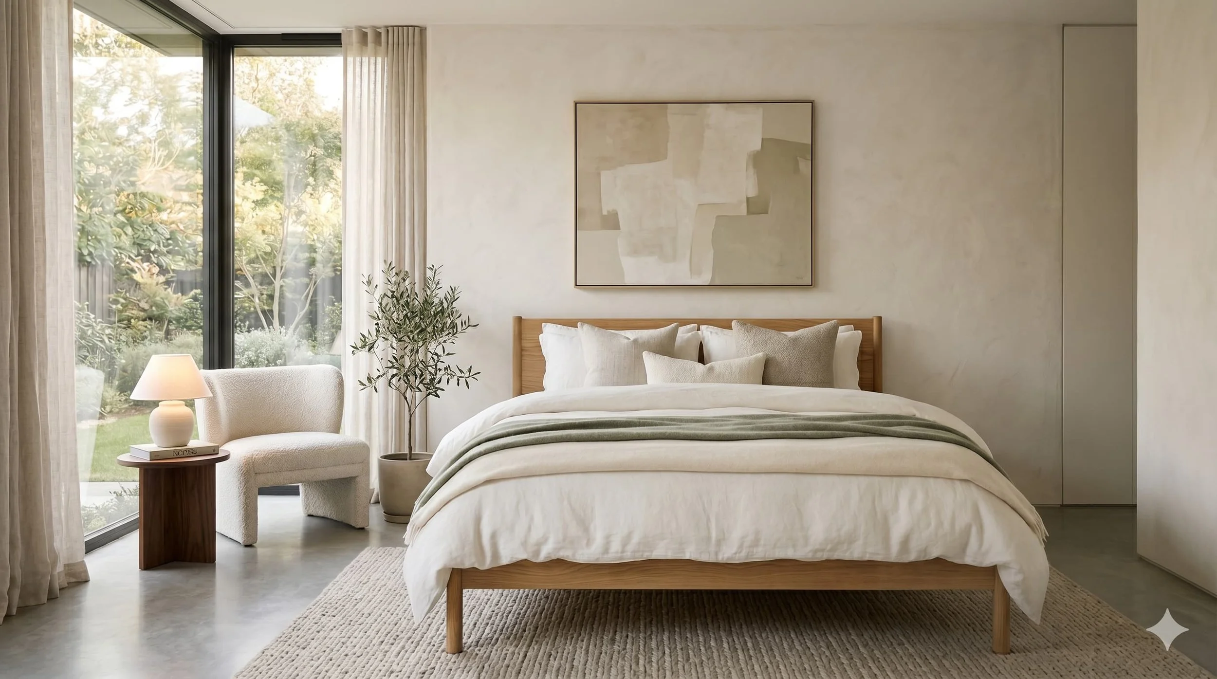 A cozy bedroom with a large bed dressed in white linens and multiple pillows, a small side table with a lamp and a book, a cushioned armchair, a potted plant, large windows with sheer curtains showing greenery outside, and minimalist artwork on the wall.
