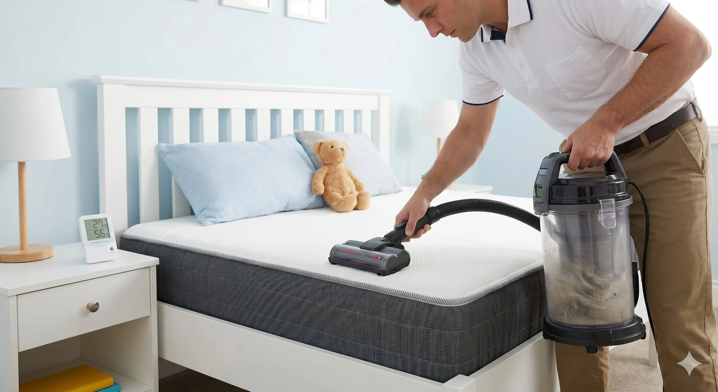 Man cleaning bedroom mattress with a vacuum cleaner, bedside table with alarm clock displaying 27°C and 56% humidity, teddy bear on pillow, and a digital thermometer showing 27°C and 56% on the nightstand