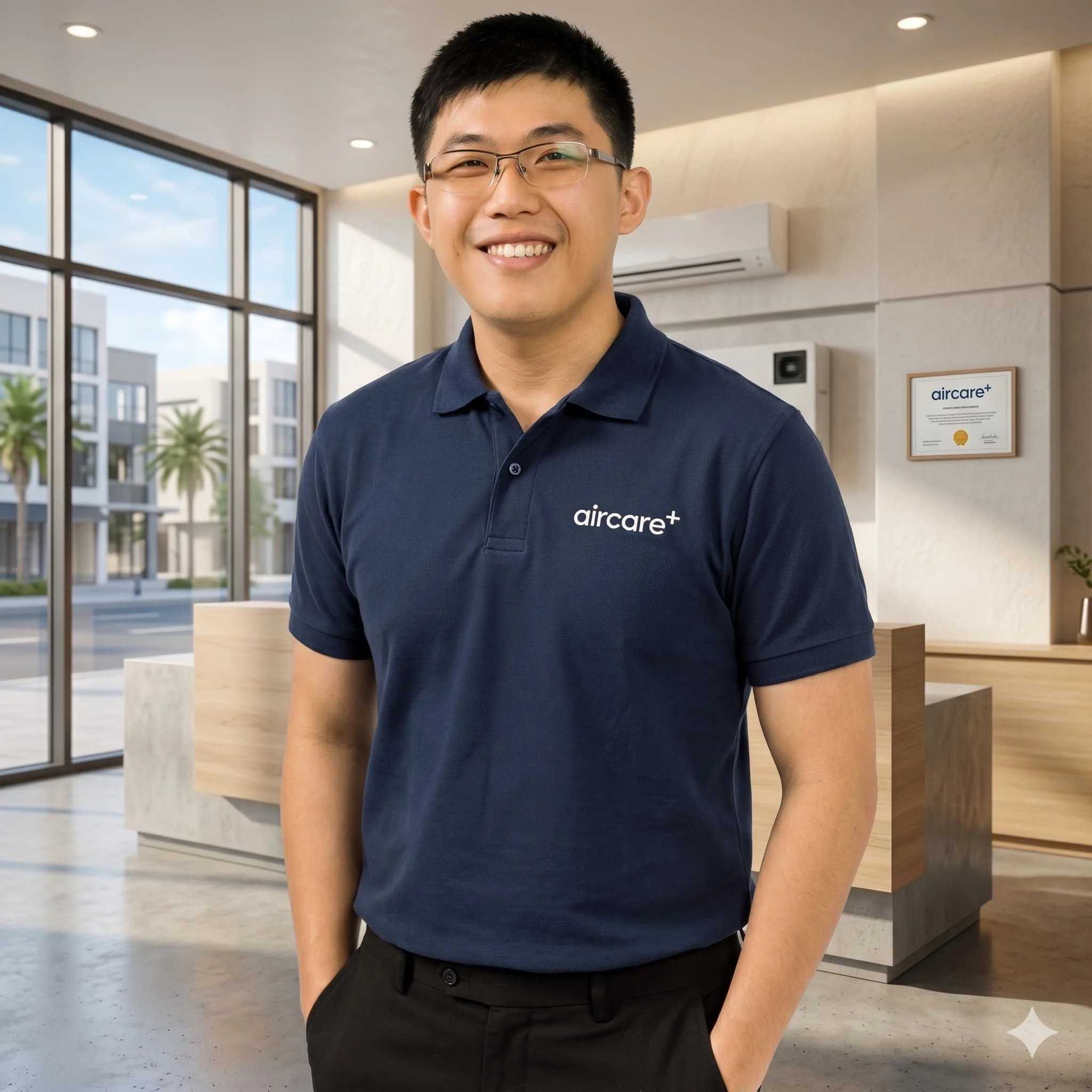 A smiling Asian man wearing glasses, a navy blue polo shirt with 'aircare+' logo, standing in a modern building lobby with large glass windows and framed certificates on the wall.