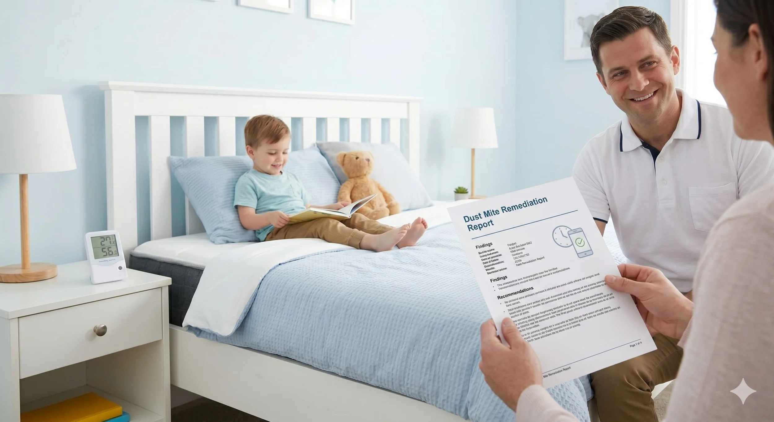 A young boy sitting on a bed reading a book with a teddy bear beside him, while an adult person shows another adult a report labeled 'Dust Mite Remediation Report' in a bedroom with a white nightstand, lamps, and a digital alarm clock.