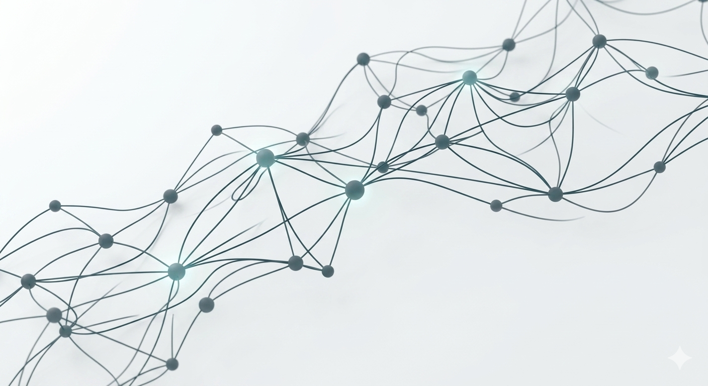 Abstract illustration of a neural network with interconnected nodes and lines, representing a digital or artificial intelligence concept.