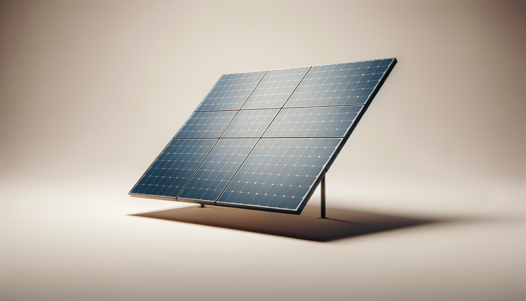 A modern solar panel with multiple blue photovoltaic cells, mounted on a stand against a plain, light background.