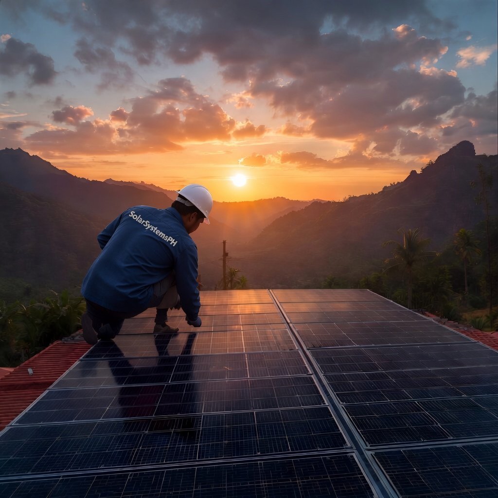 A person wearing a hard hat and blue jacket with 'Solar Systems PH' on the back, installing or inspecting solar panels on a roof during sunset with mountains and a partly cloudy sky in the background.