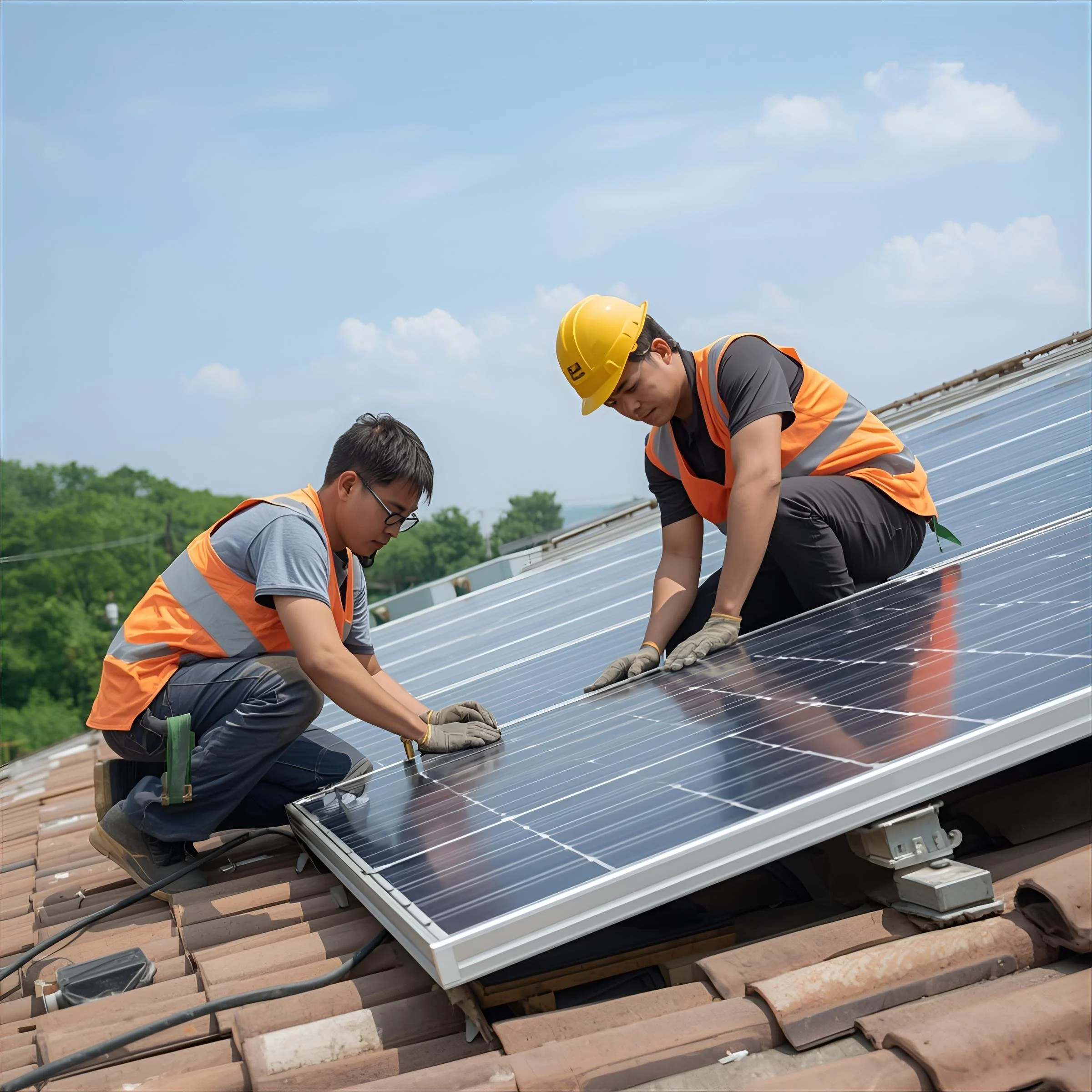 Workers wearing safety helmets and vests installing solar panels on a roof during daytime.
