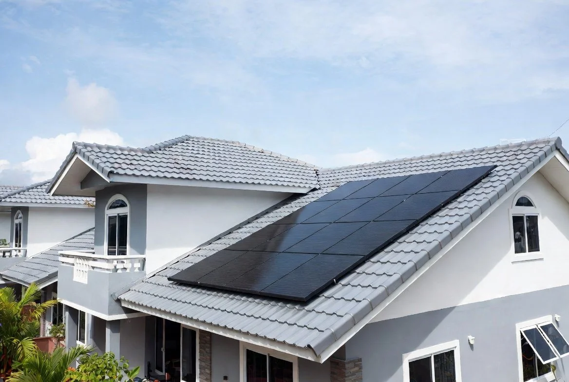 A white house with a gray tiled roof and black solar panels installed on the roof.