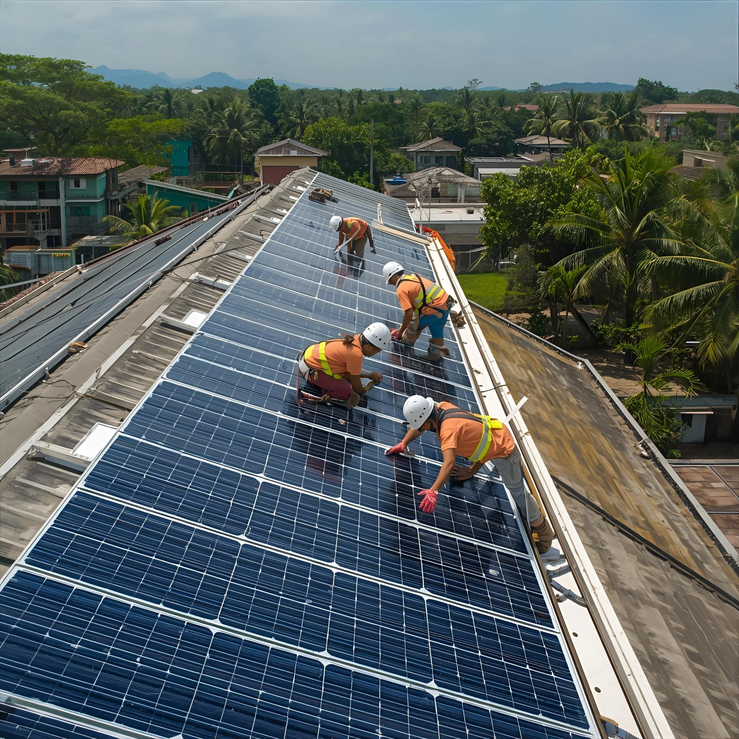 Workers installing solar panels on a residential roof with lush green trees and houses in the background.