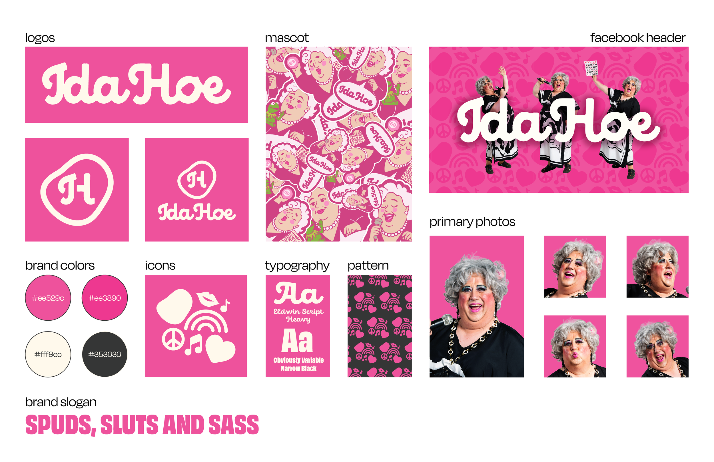The Ida Hoe Brand Guide defines a high-impact visual identity tailored for the stage and digital media. Utilizing a vibrant palette of hot pinks (#ee529c) and deep magentas, the brand balances camp humor with professional design principles. The typog