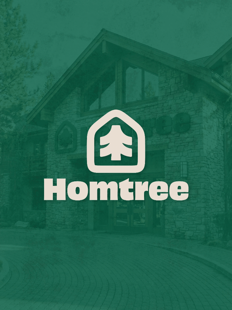 Logo for Homtree with a house and tree icon over a residential house background.