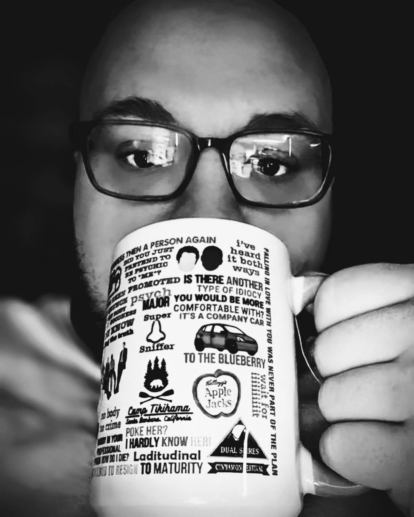 Just a Psych-O designer fueled by hot tea and a mug covered in my favorite references. 🍍
