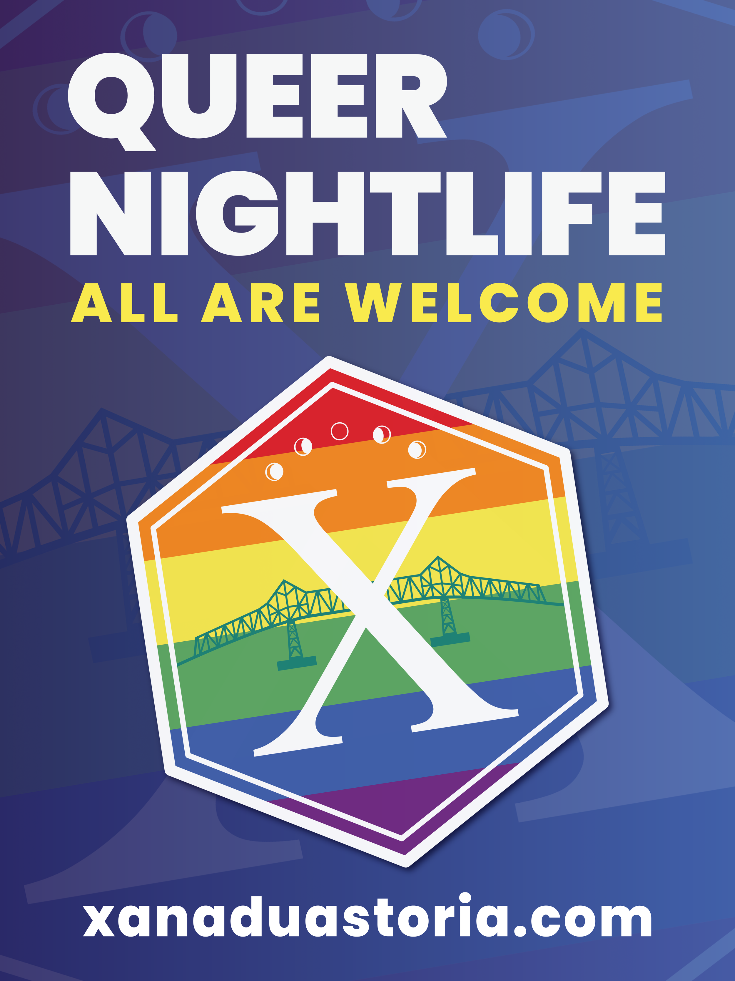 A promotional graphic with the text 'QUEER NIGHTLIFE ALL ARE WELCOME' in large blue and yellow font, featuring a skateboard that has a rainbow-colored bridge illustration and the website 'xandustoria.com' at the bottom, with a background of abstract 