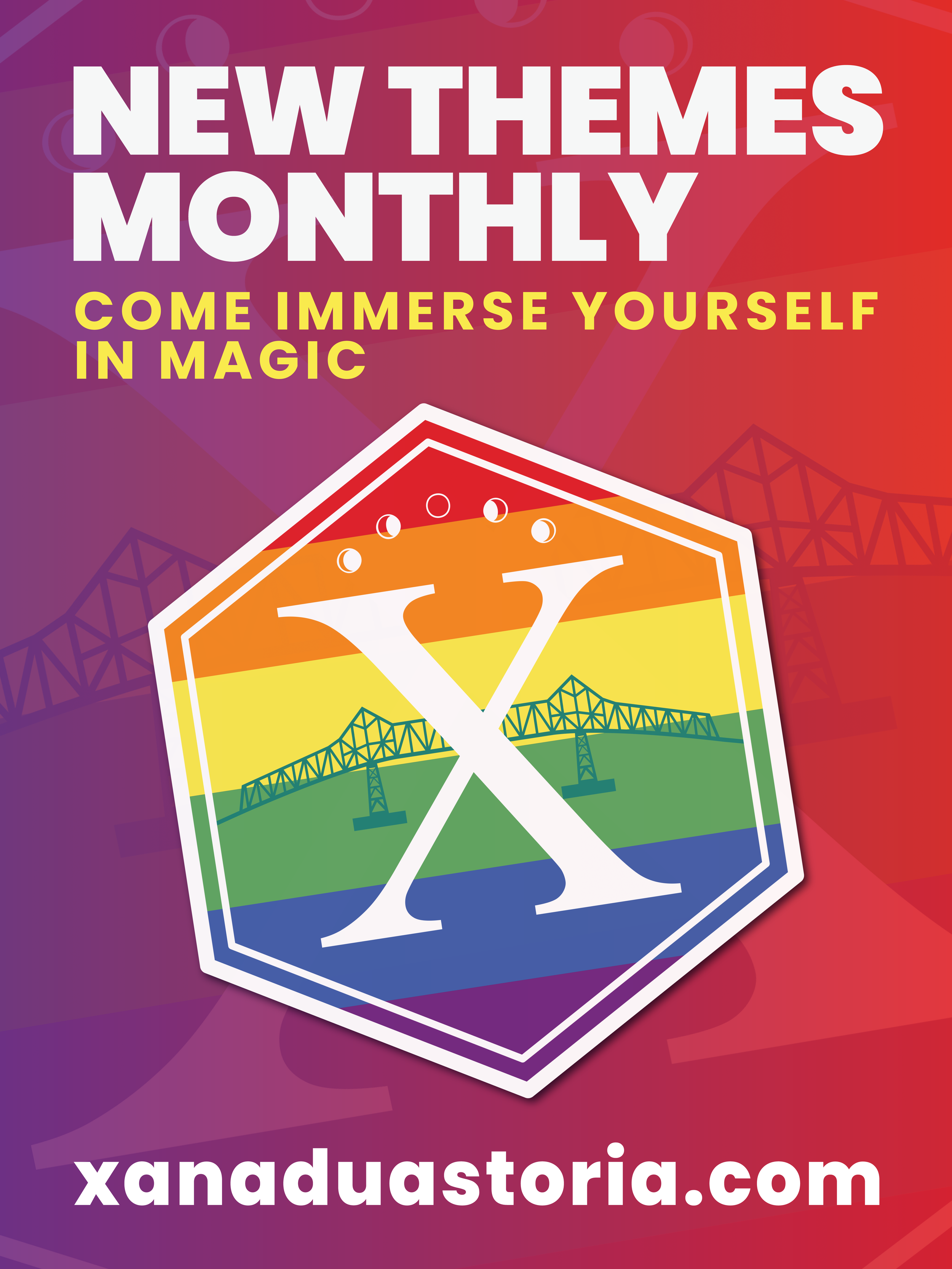 A colorful advertisement promoting new themes each month with the slogan 'Come immerse yourself in magic' and the website 'xandustoria.com' displayed at the bottom.