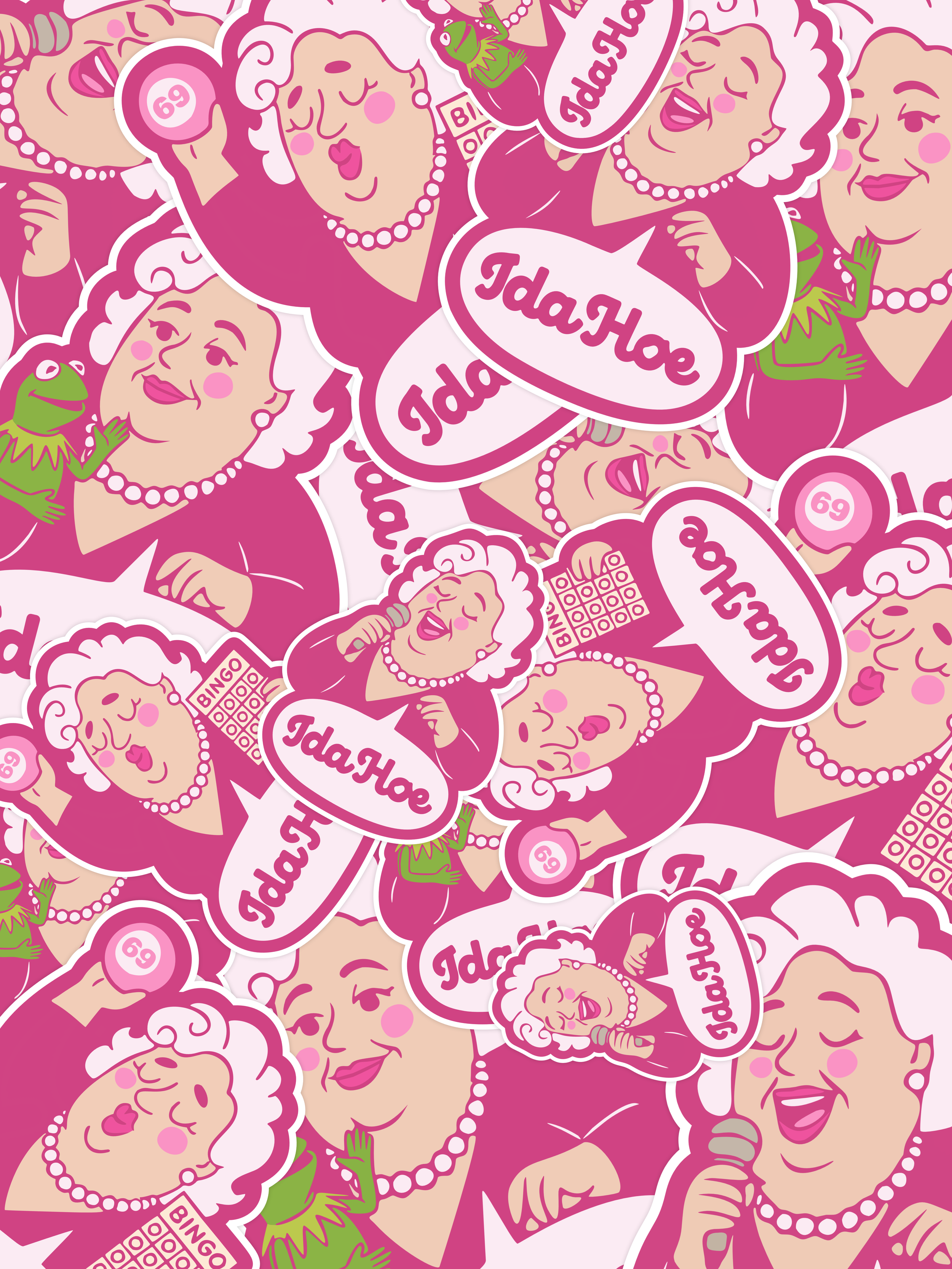 Pattern featuring illustrations of elderly women with white hair, pink lipstick, pearls, and dresses, holding bingo balls, playing bingo, and speaking into a telephone, with speech bubbles saying "Good Hoed" and words "Bingo" and "69".