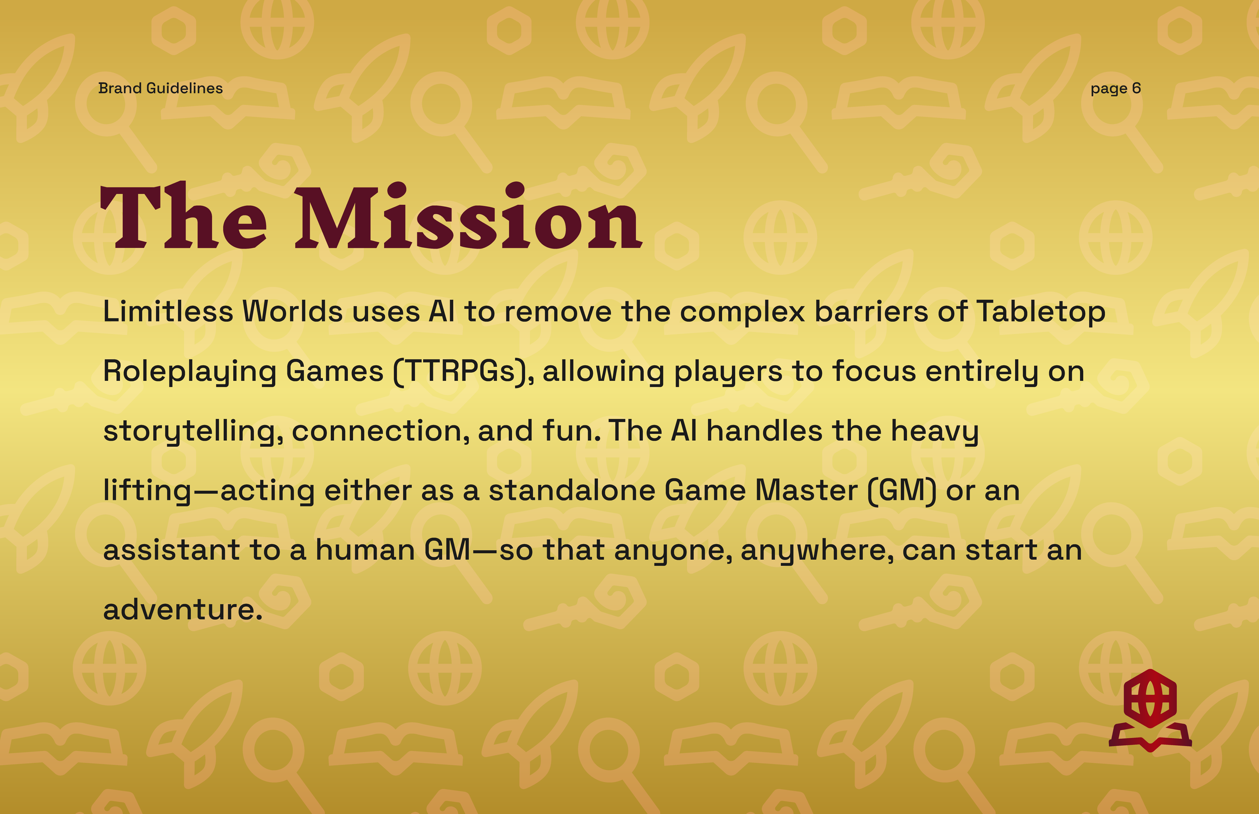 Book page titled 'The Mission' with a yellow background and a pattern of icons such as keyholes, locks, and globes, containing text about AI-powered tabletop roleplaying games and storytelling.