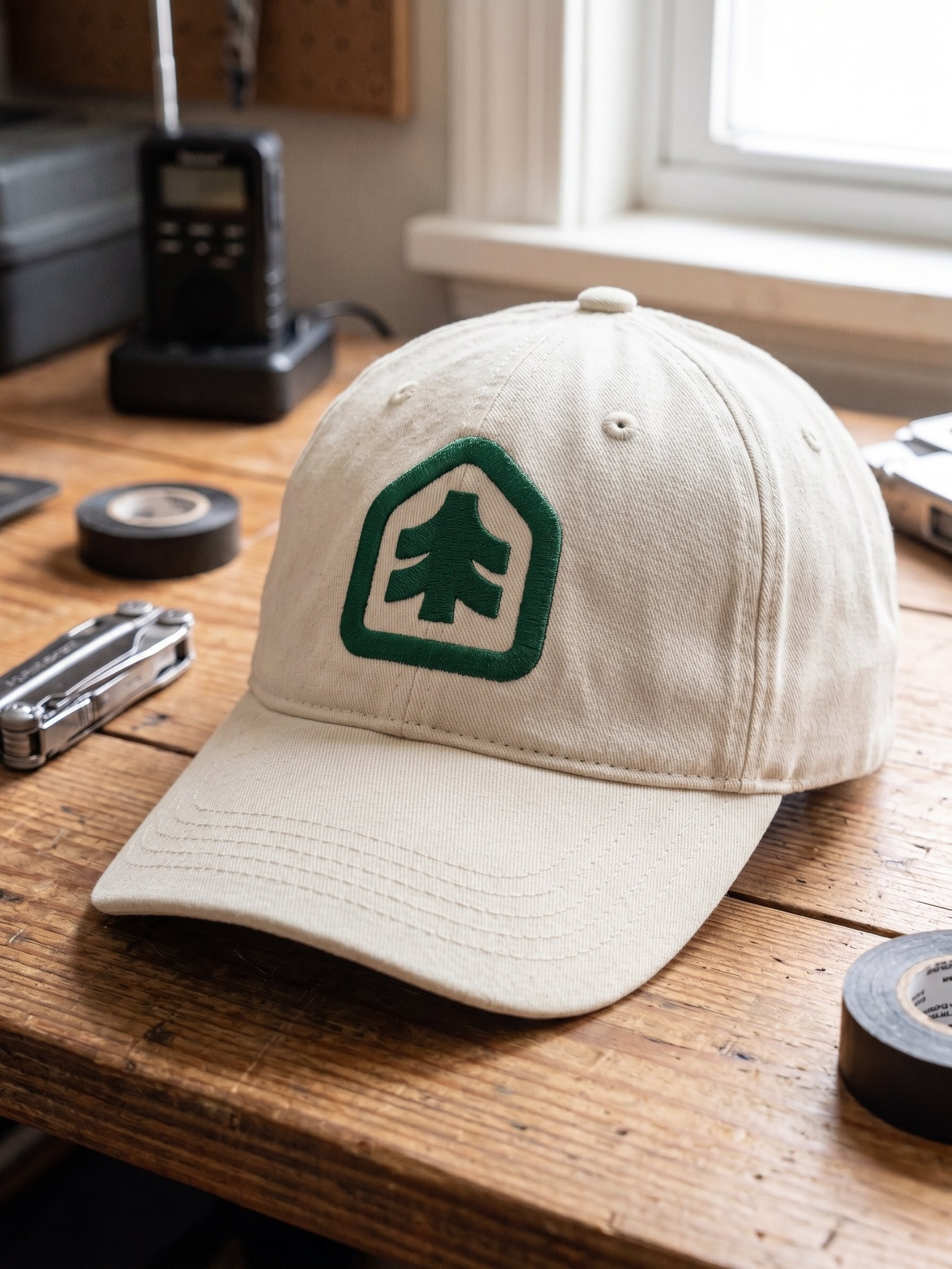 A beige baseball cap with a green embroidered logo sitting on a wooden table surrounded by tape and tools, near a window.