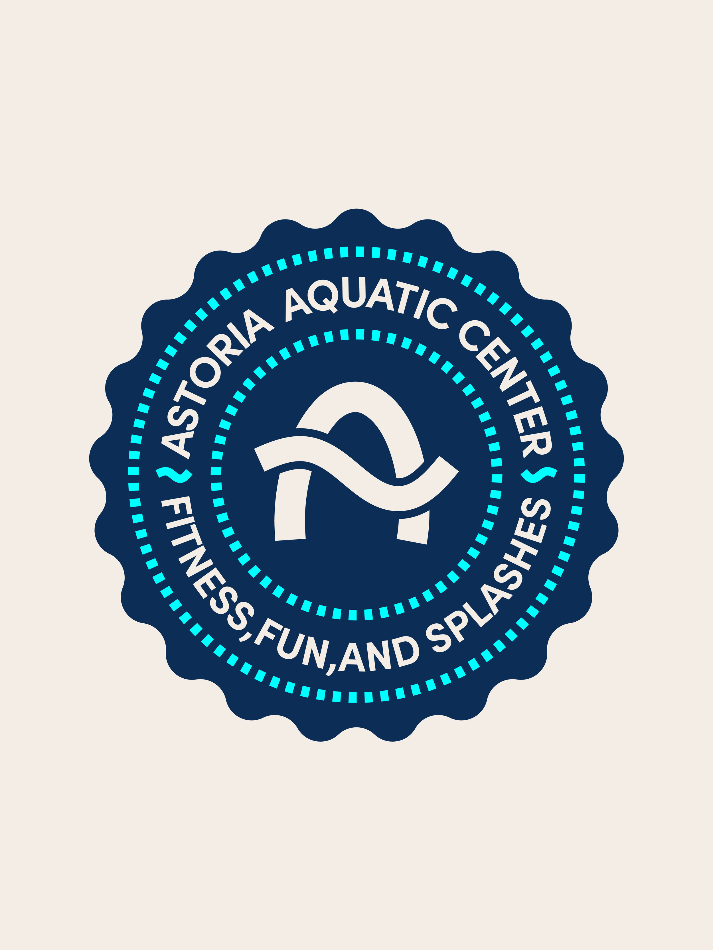 Blue circular badge with the text 'Aquatic Center' and a stylized wave image in the center, and additional text around the edge that reads 'Fitness, Fun, and Splash'.