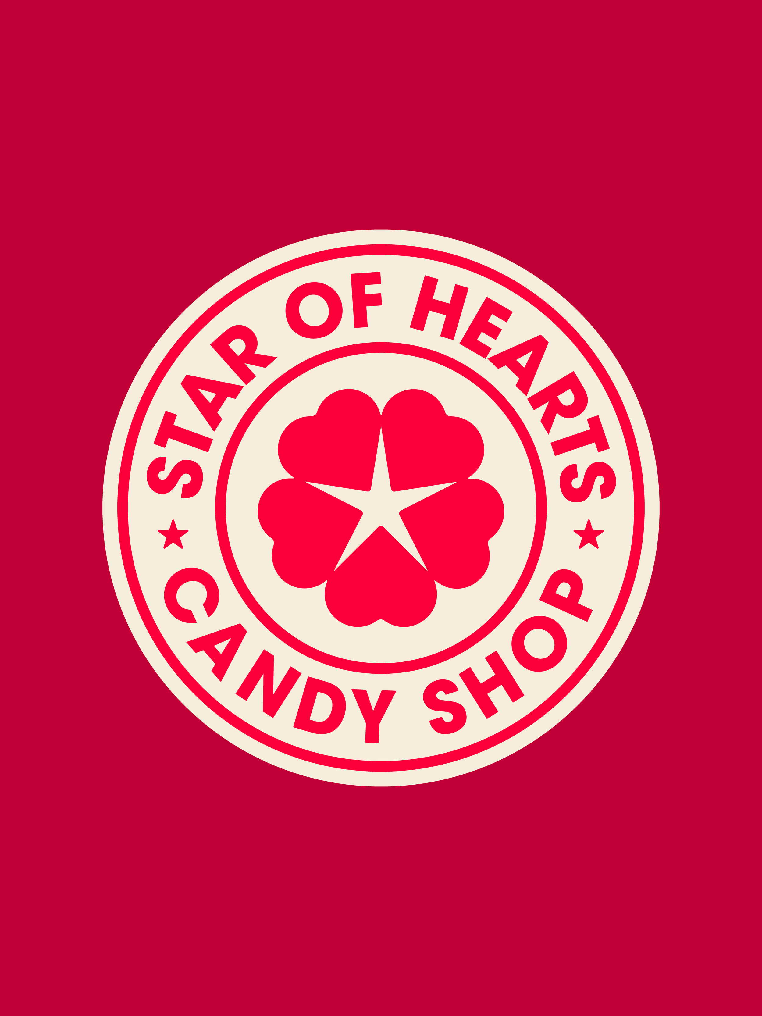 Red background with a circular emblem that has a star and a flower-like shape, with text reading 'Start of Heart Candy Shop.'