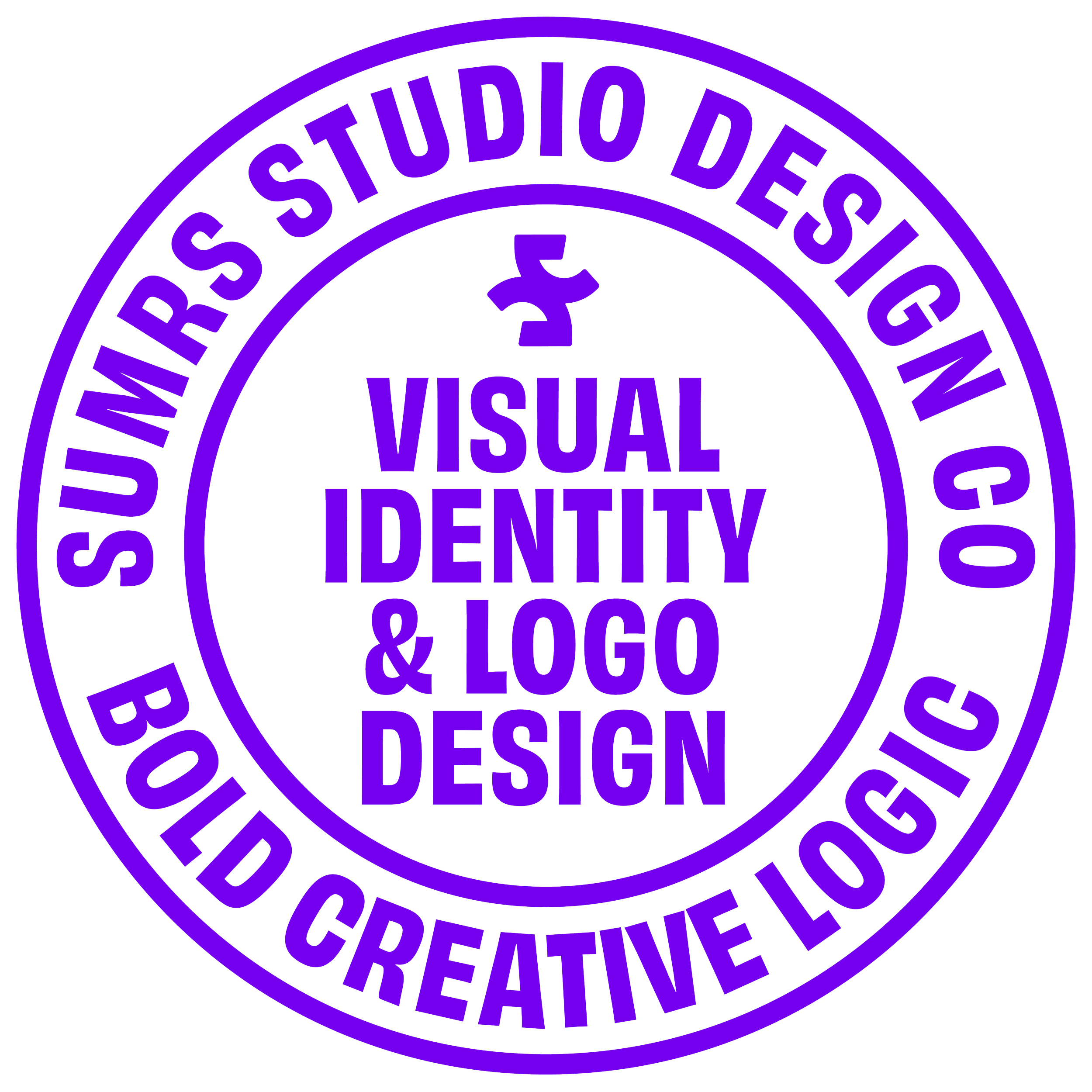 Purple circular logo with the words 'Visual Identity & Logo Design' arranged in a spiral pattern.