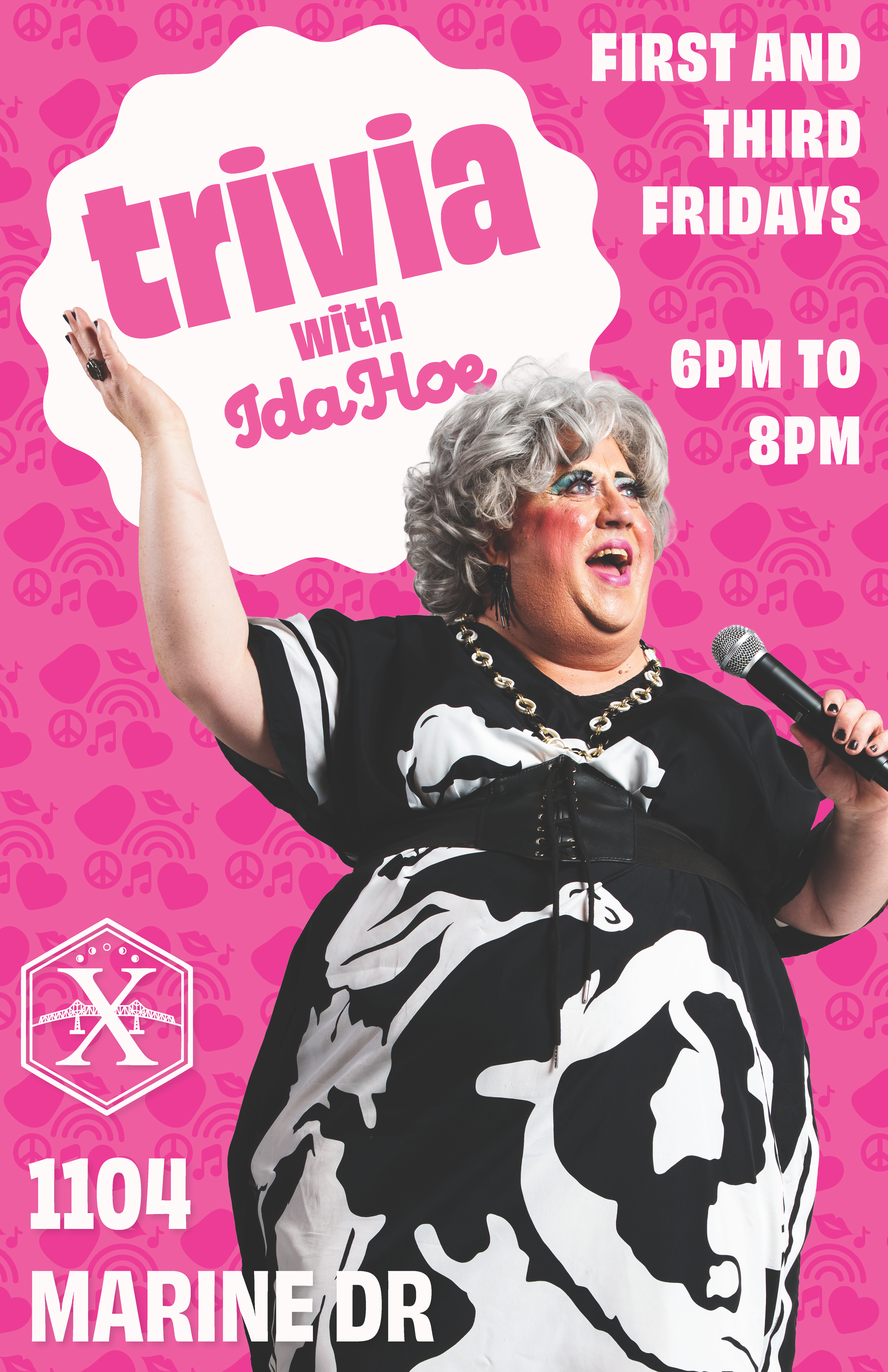 Event poster for a trivia night hosted by Ida J Loe and Marine Dr. The poster features a person dressed in a black and white cow-print dress holding a microphone, with short gray hair and makeup, against a pink background with peace, heart, and music