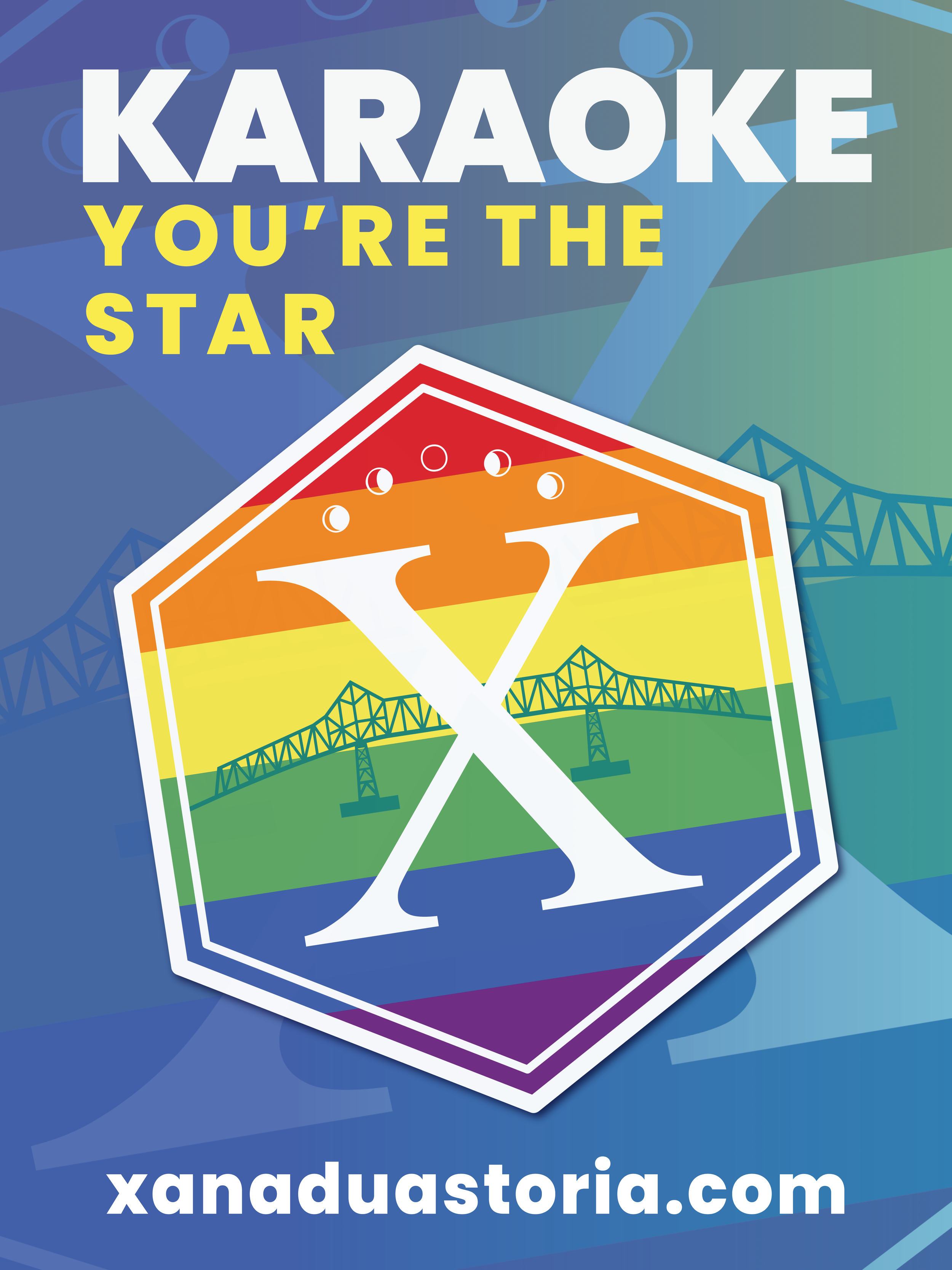 A promotional graphic for karaoke featuring a large graphic of an octagon with a stylized letter 'X' over a rainbow-colored background, along with the text 'KARAOKE YOU'RE THE STAR' and the website URL 'xandustoria.com'.