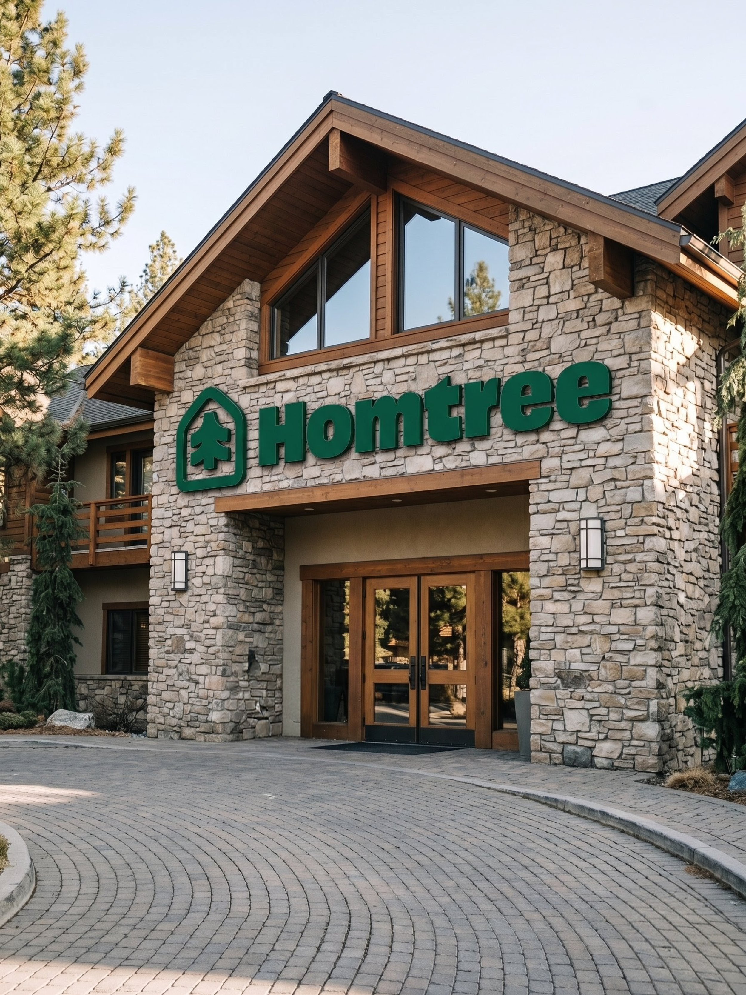 Exterior of a building with stone facade, large glass windows, and a sign reading "HOME TREE" with a tree logo, surrounded by trees and a paved driveway.