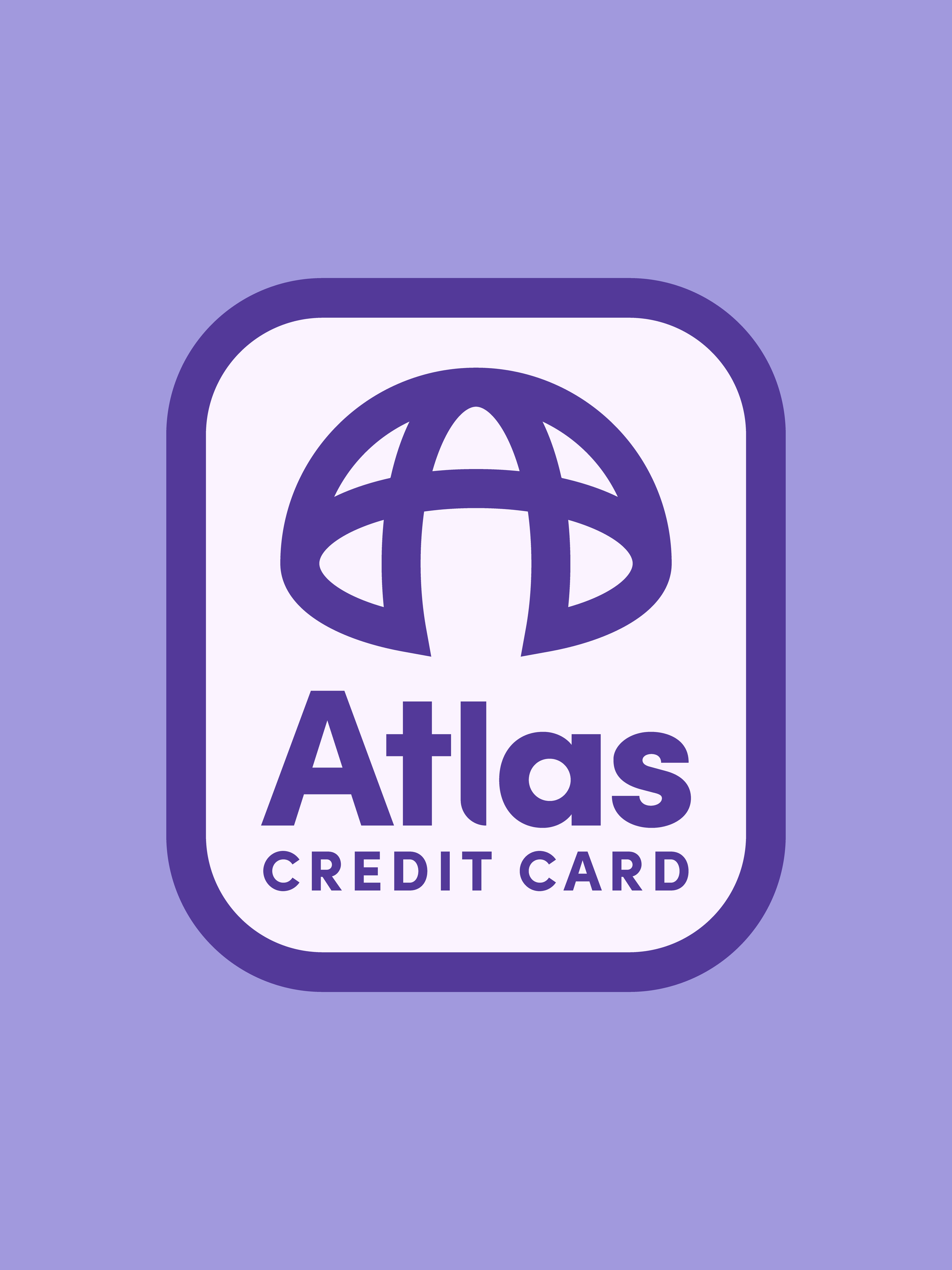 Illustration of an Atlas credit card logo with a purple globe icon and the word 'Atlas' written below, on a purple background.