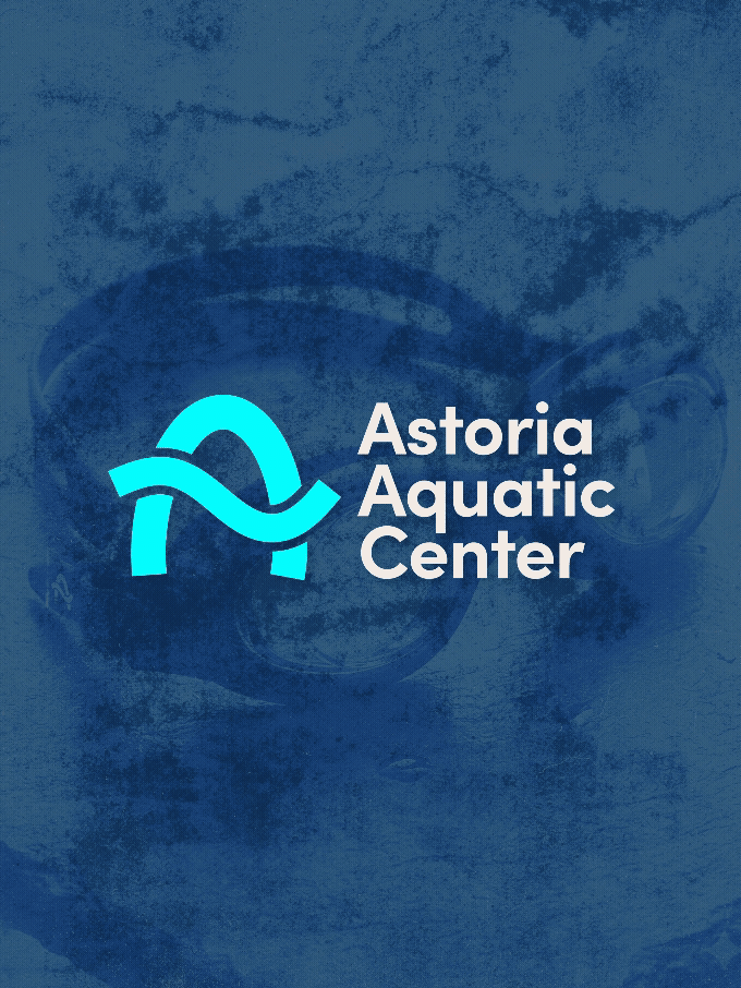 The logo of Astoria Aquatic Center features stylized water waves in blue next to the center's name in white text, over a blue-toned background with swimming pool water and equipment.