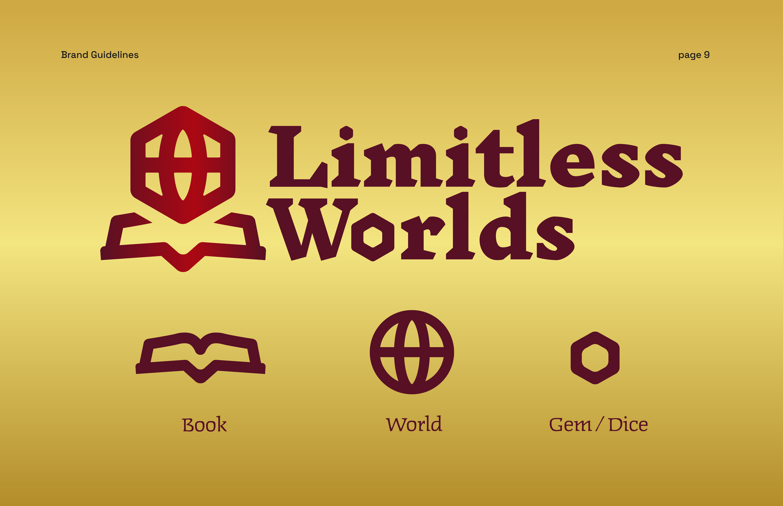 The image shows the cover of a book titled "Limitless Words" on a yellow background. There are icons representing a book, world, and gem/dice below the title, with corresponding labels.