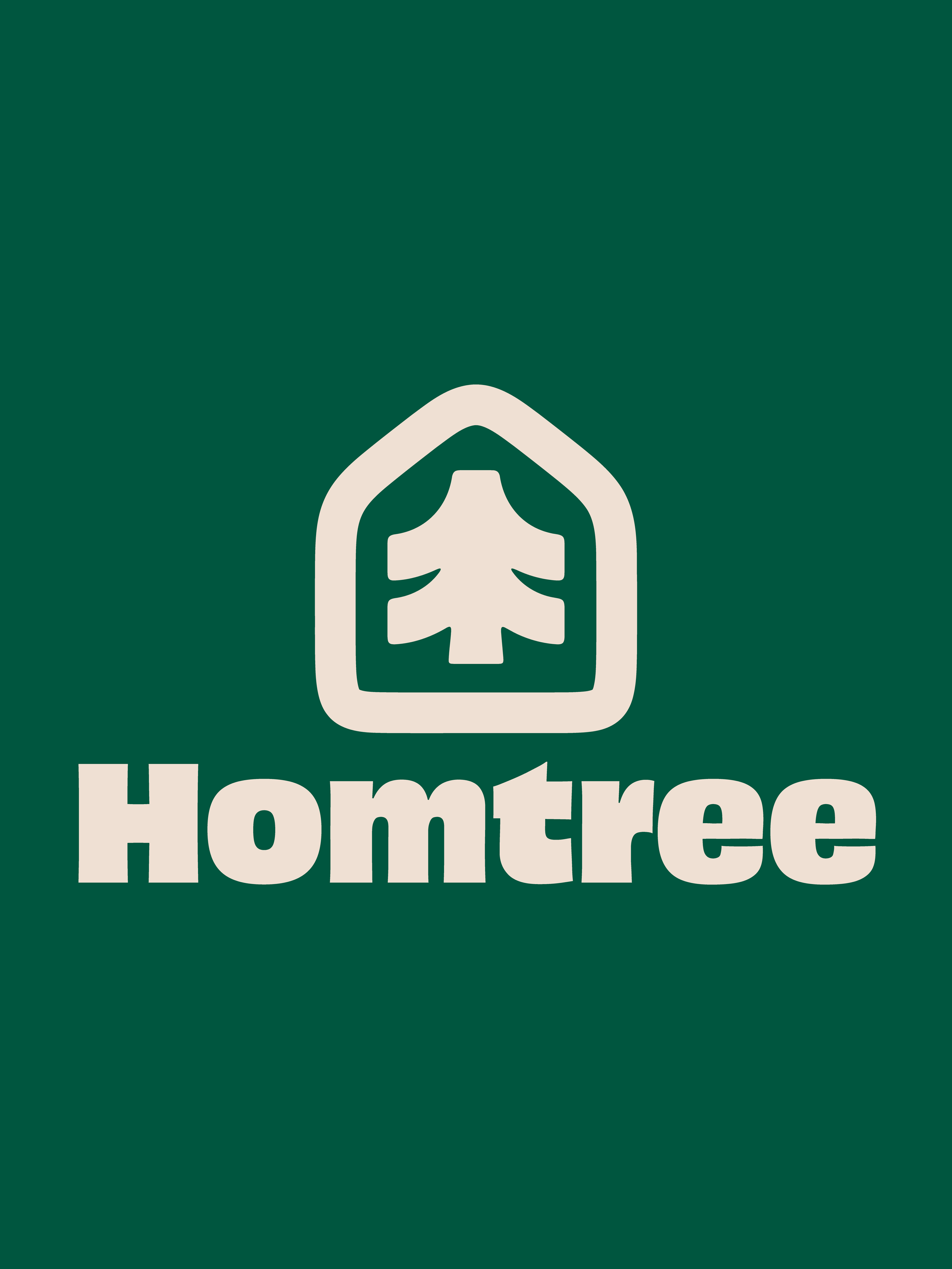 Homtree logo with a house outline containing a tree and a path, on a dark green background.