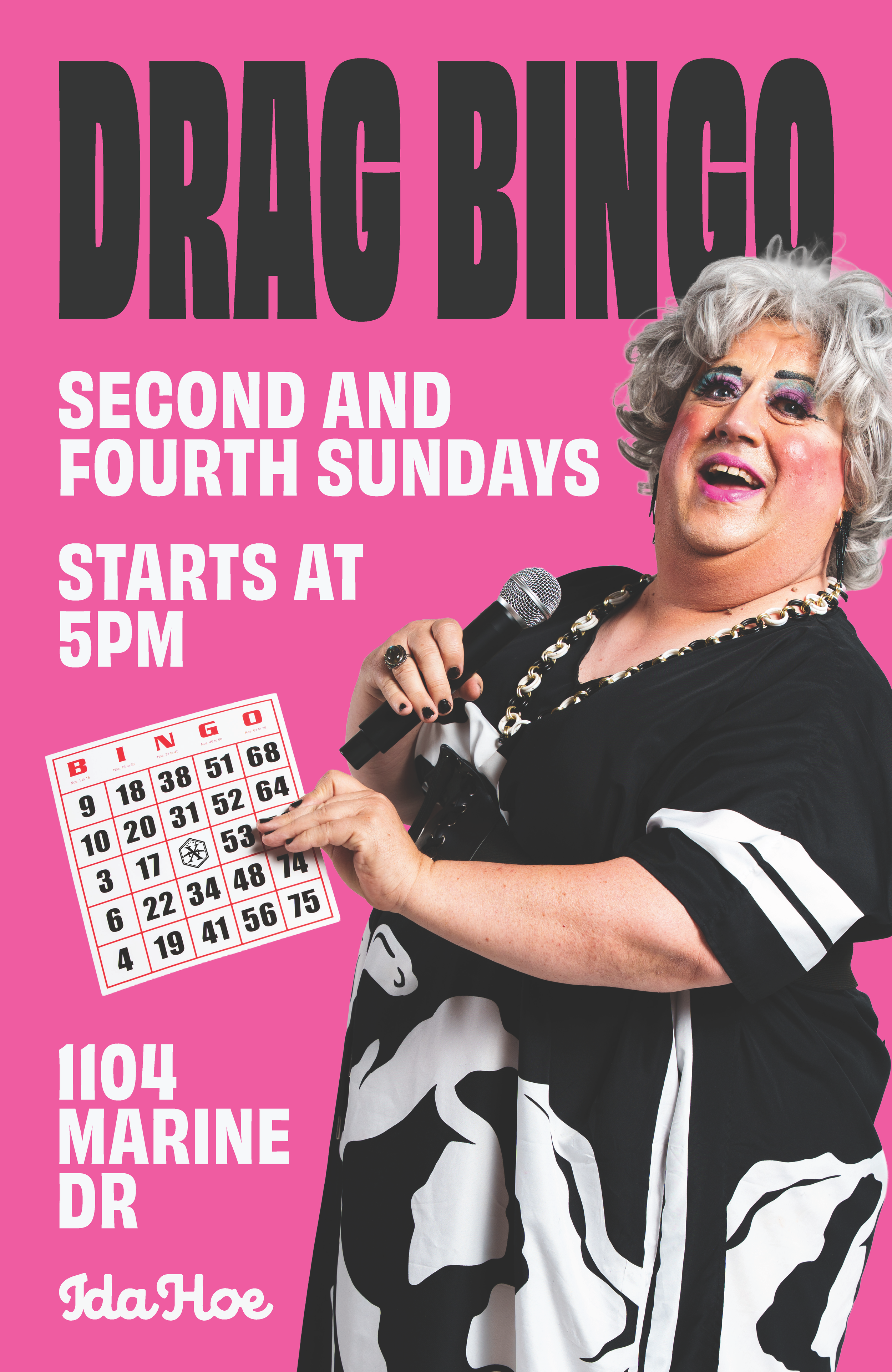 A person with makeup and gray curly hair holding a bingo card, wearing a black and white zebra print outfit, standing against a pink background with text advertising bingo game times.
