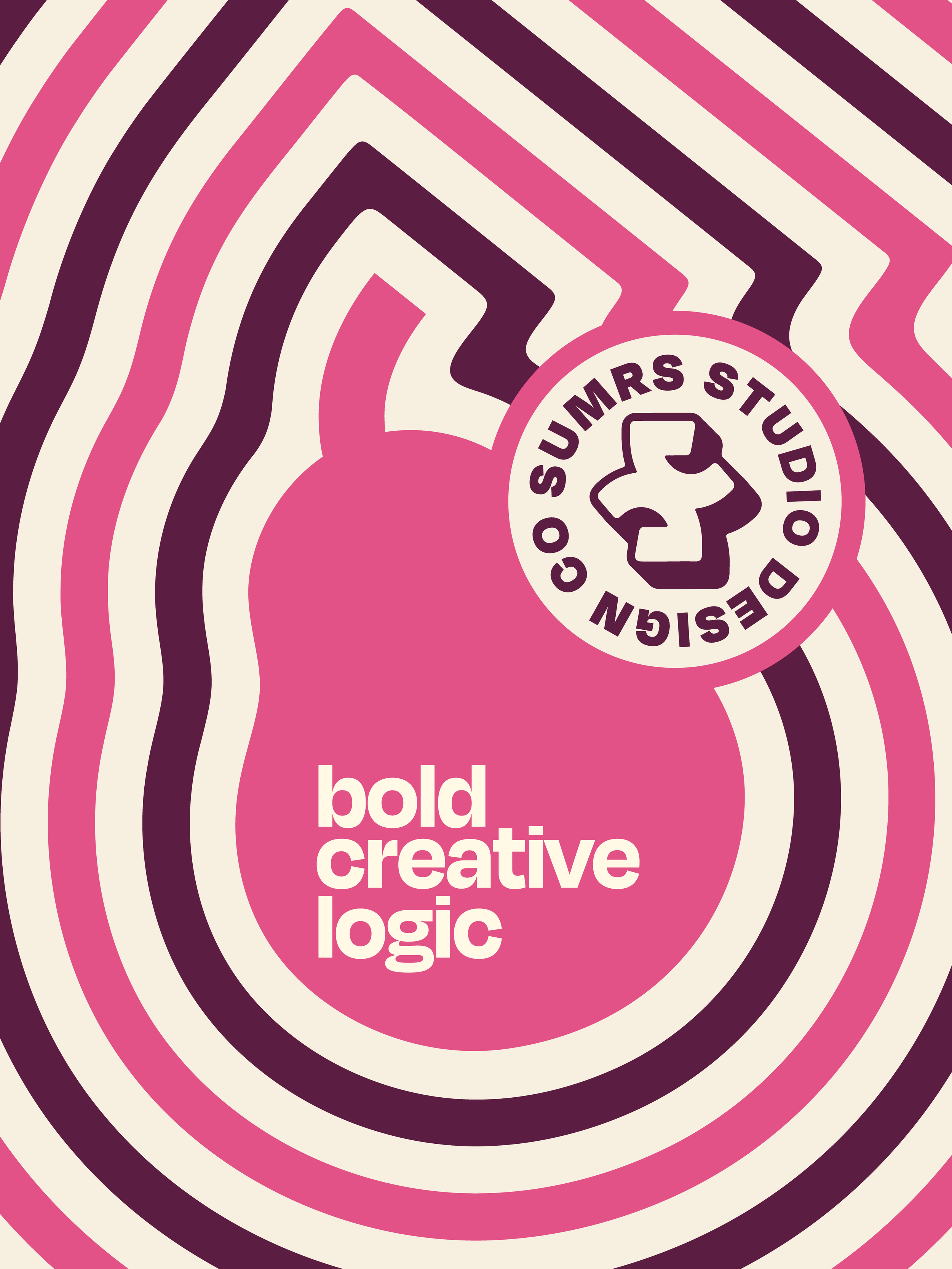 Pink and white concentric circles create a hypnotic background. There is a circular logo with a black outline and a symbol inside. Around the symbol are the words 'DESIGN CO SUMMER STUDIOS'. Below the logo, white text reads 'bold. creative. logic.'