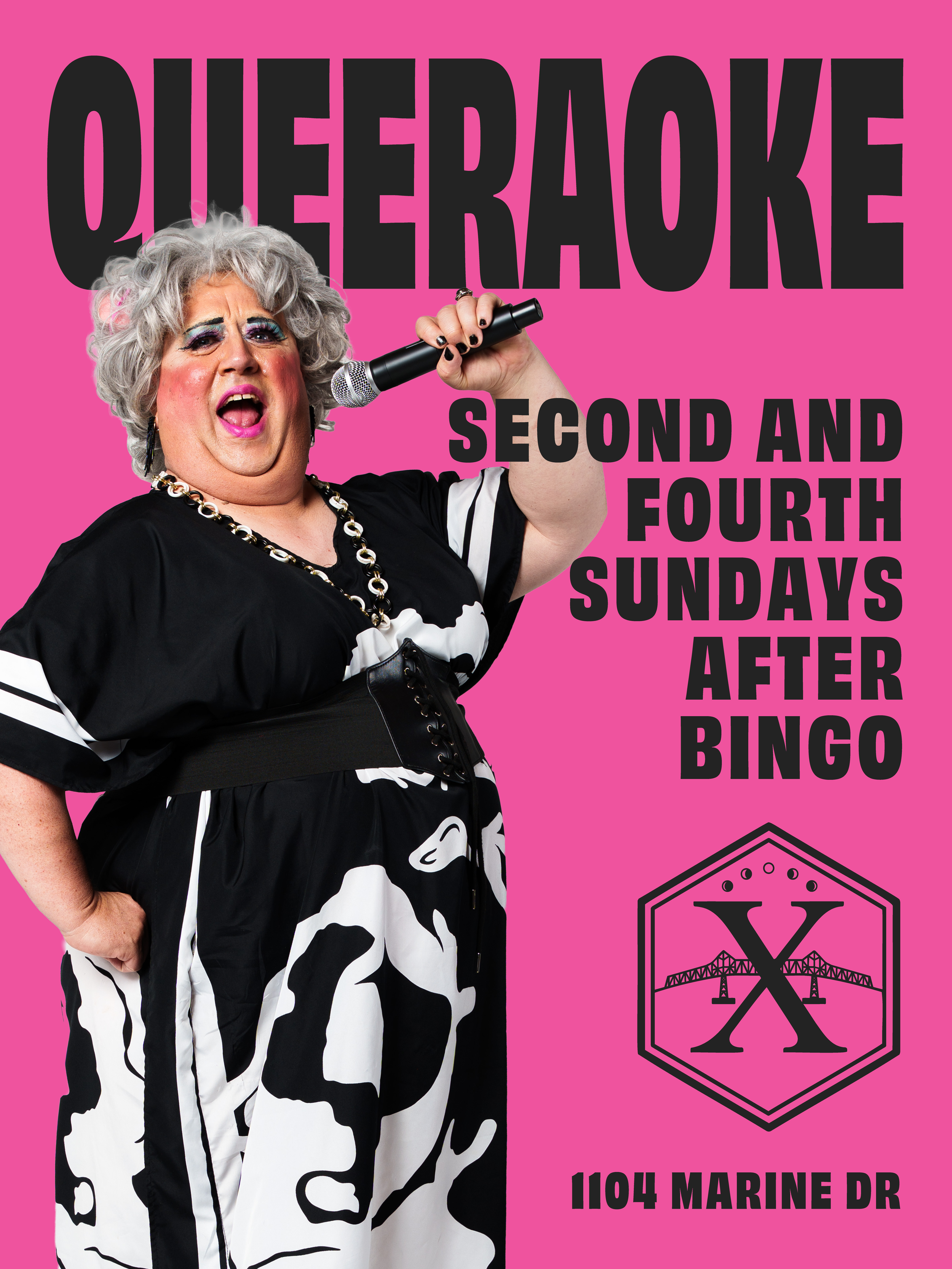 A drag queen performer with gray hair, colorful makeup, wearing a black and white cow print outfit, holding a microphone against a pink background with black text that reads: "Queeracock, Second and Fourth Sundays After Bingo."