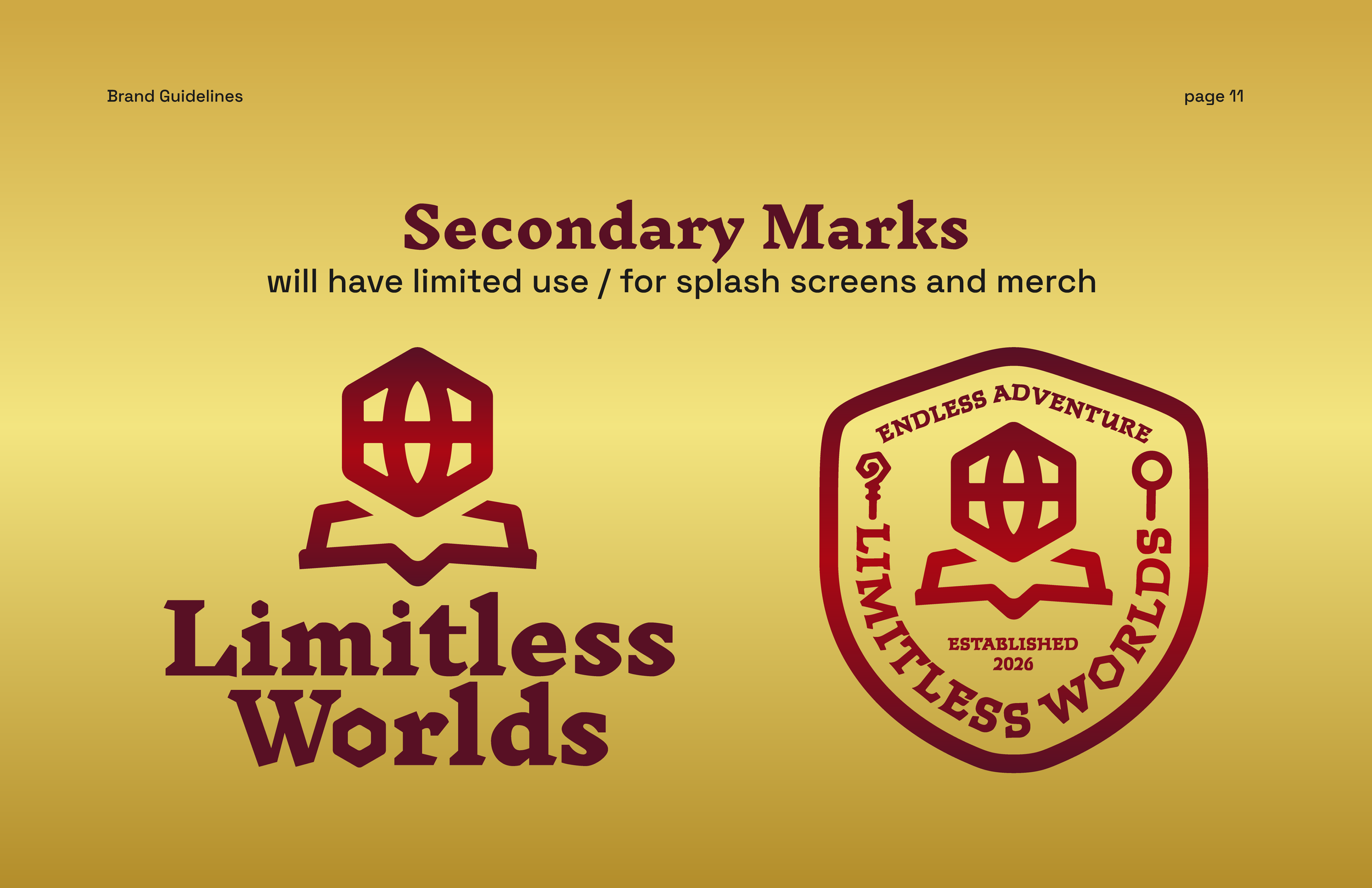 Close-up of a graphic design featuring the words 'Secondary Marks' in large bold font, with a note about limited use for splash screens and merch, and an emblem with 'Endless Adventure' and 'Est. 2026' on it.
