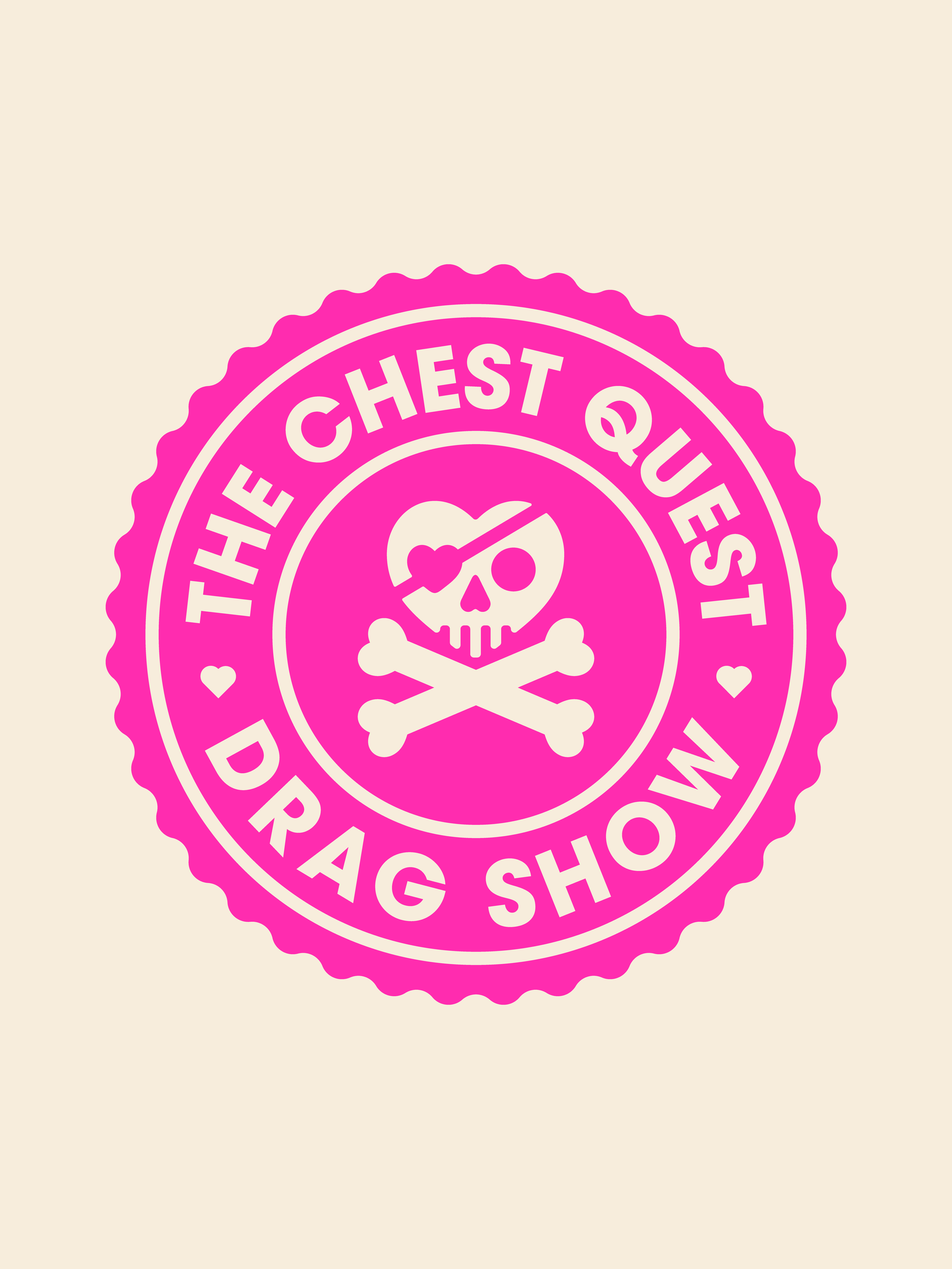 Pink badge with white text that says "The Chest Quests Drag Show" and features a skull and crossbones design in the center.
