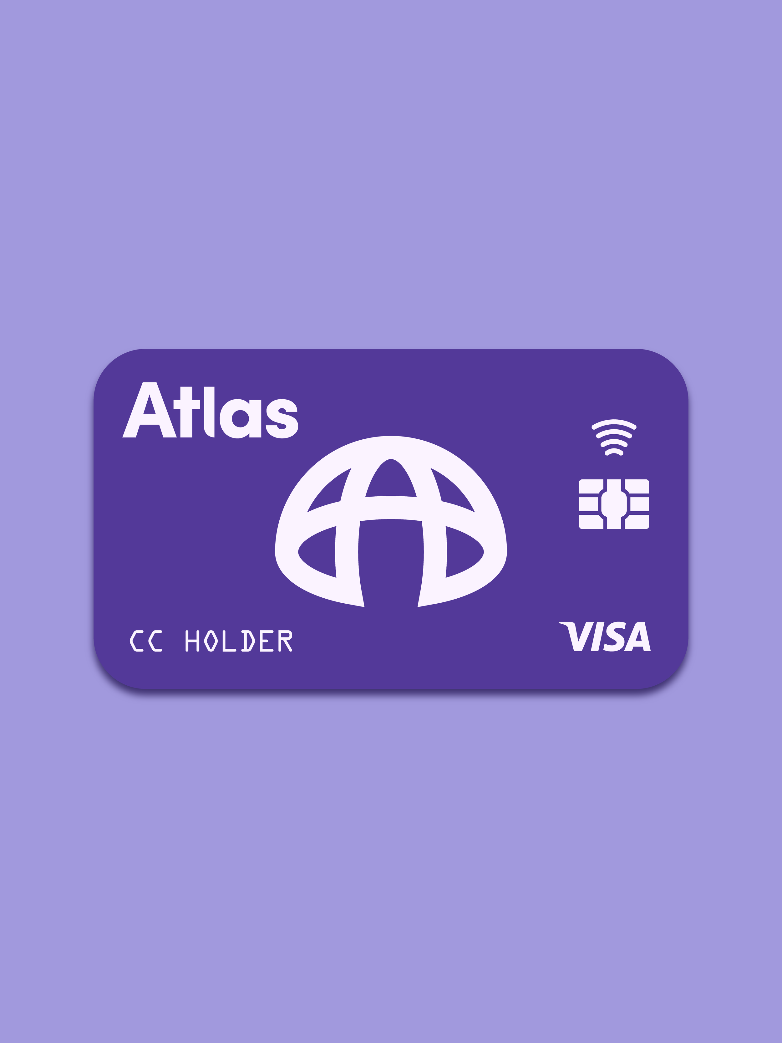 A purple credit card with the word 'Atlas' and a globe logo, featuring a Visa logo, a chip, and contactless symbol, against a purple background.