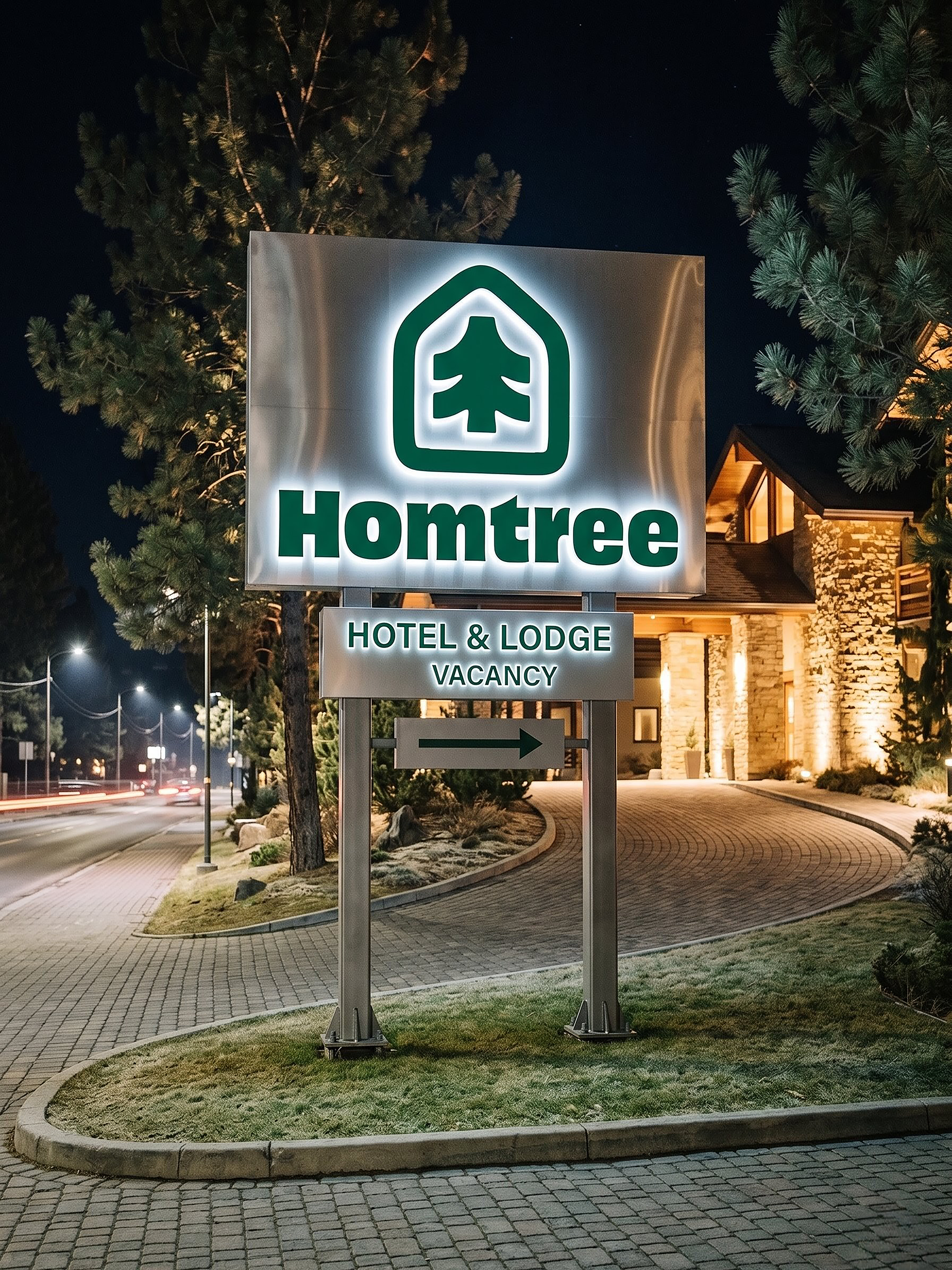 A large illuminated sign for Homtree Hotel & Lodge showing a pine tree logo and the words "Homtree Hotel & Lodge Vacancy" with an arrow pointing to the right, located on a sidewalk next to a curved landscaped area with grass and trees at night.