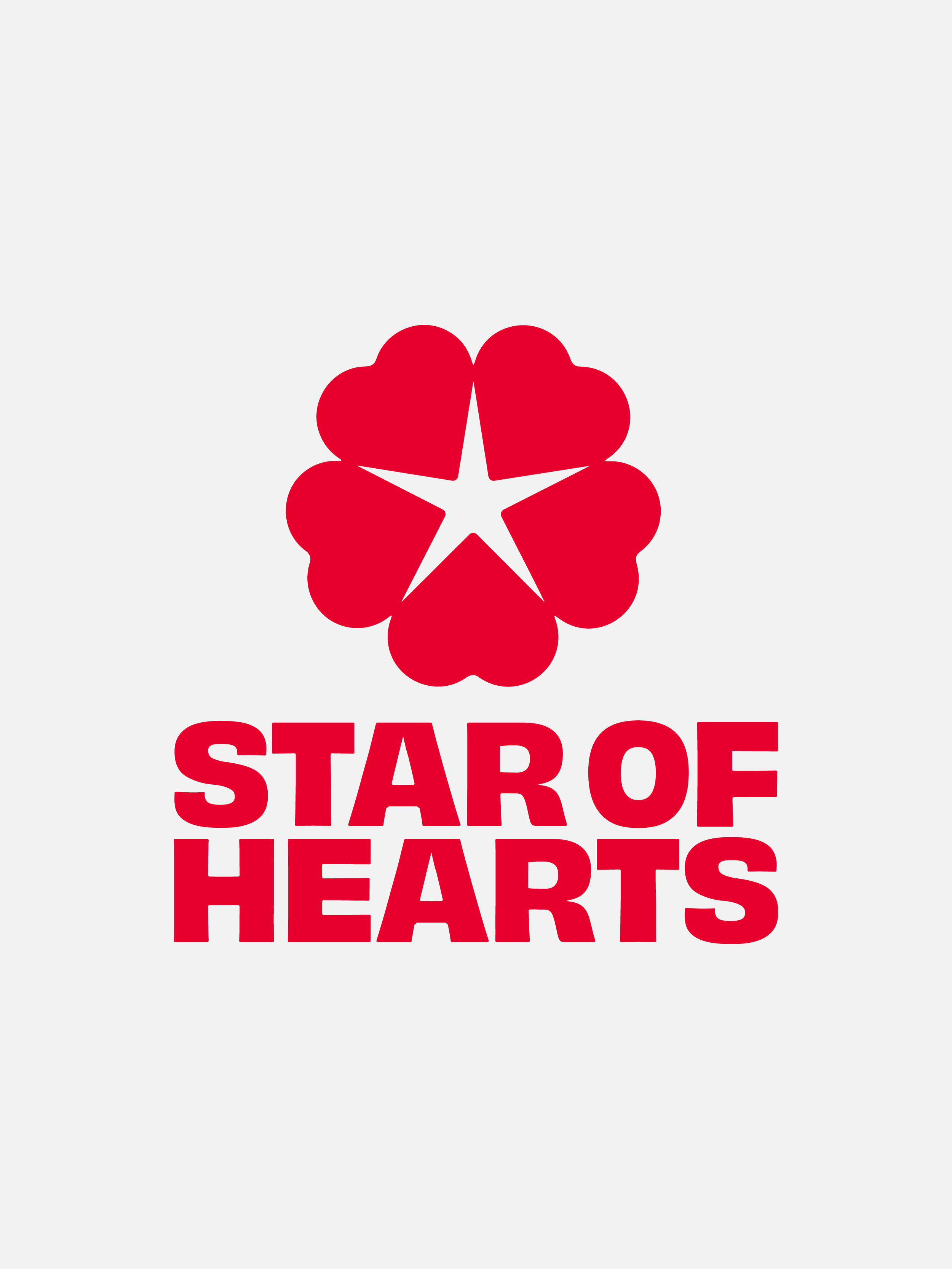 Text reading 'STATE OF HEARTS' in bold red letters above a stylized red flower with a white star at its center, on a light gray background.