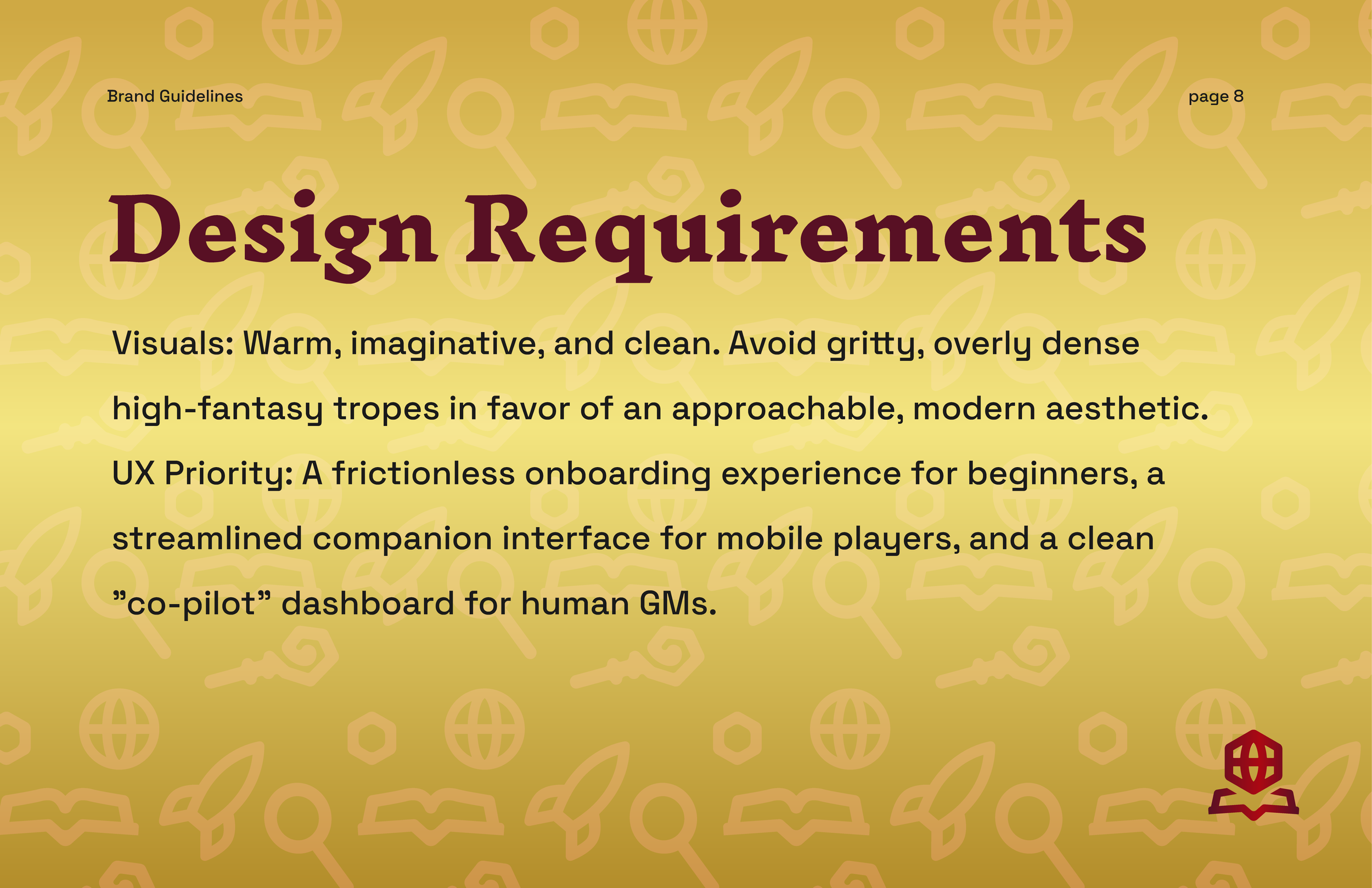 Screenshot of a presentation slide titled "Design Requirements" with guidelines for visuals and UX priority, and a background of icons related to design and technology.