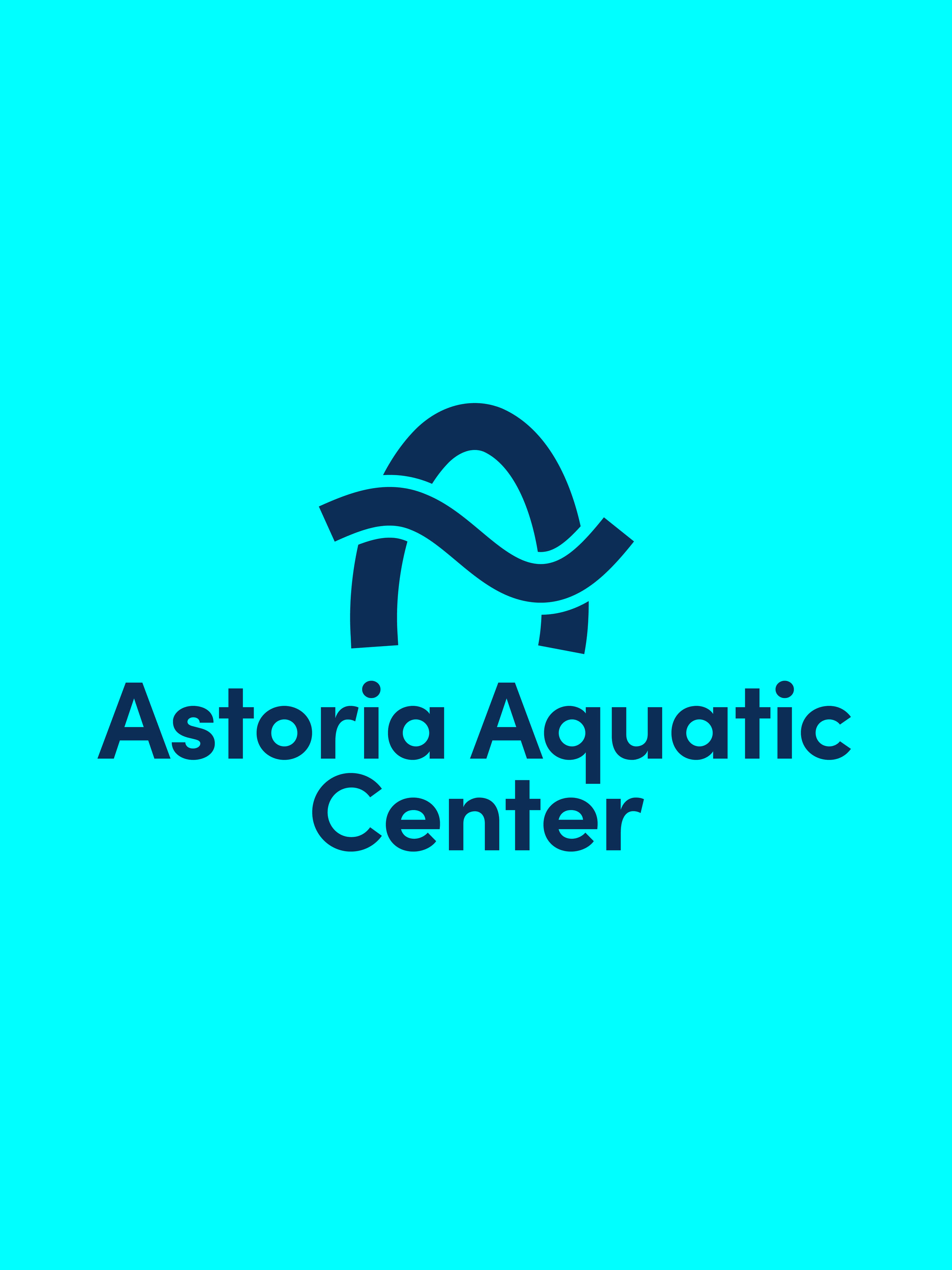 Logo of Astoria Aquatic Center featuring a stylized wave icon, on a bright aqua background with black text saying 'Astoria Aquatic Center'.
