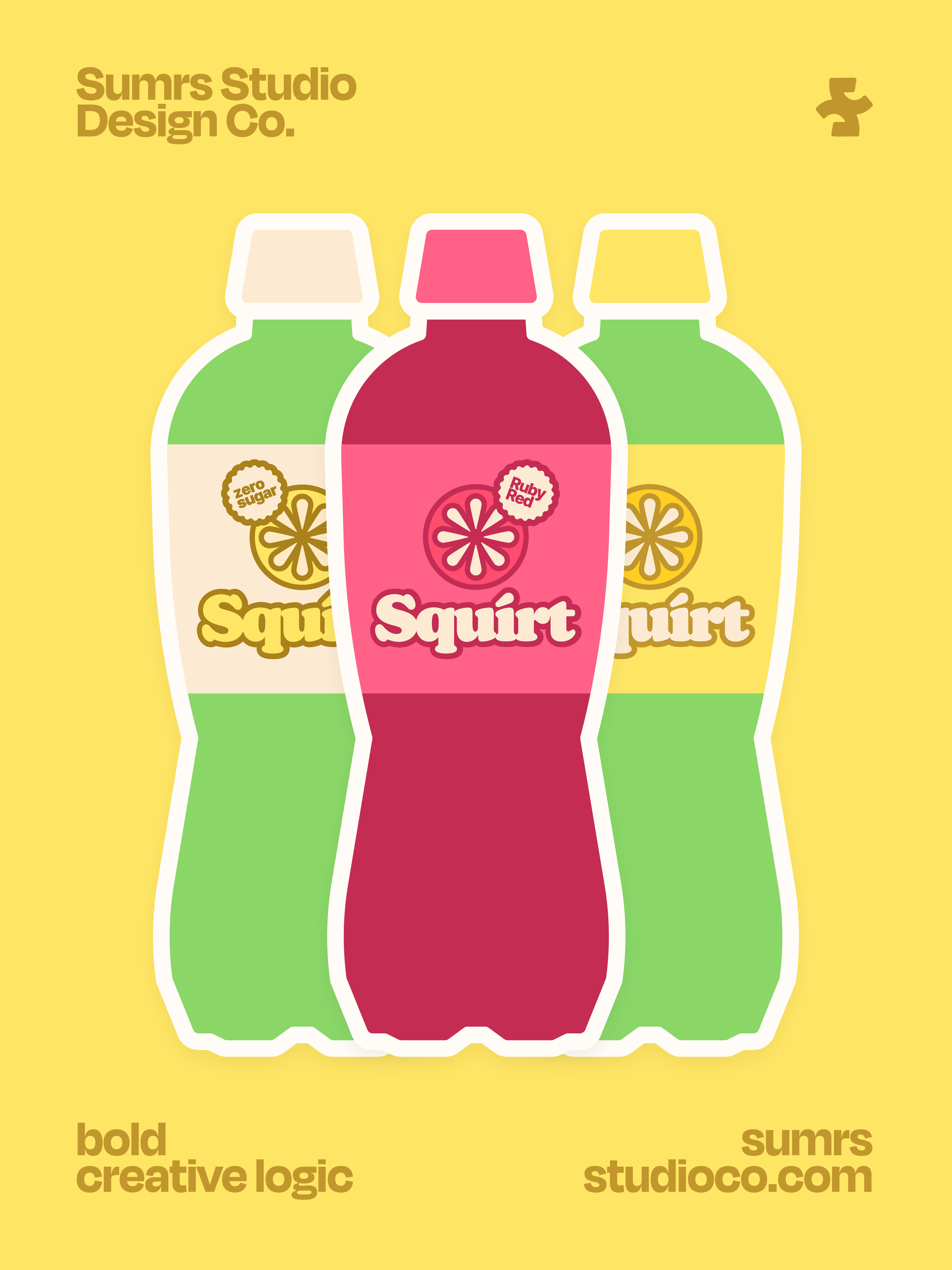 Colorful sticker illustration of three soda bottles with cherry and lemon slices, labeled "Squirrt," with a yellow background and text for a design company.