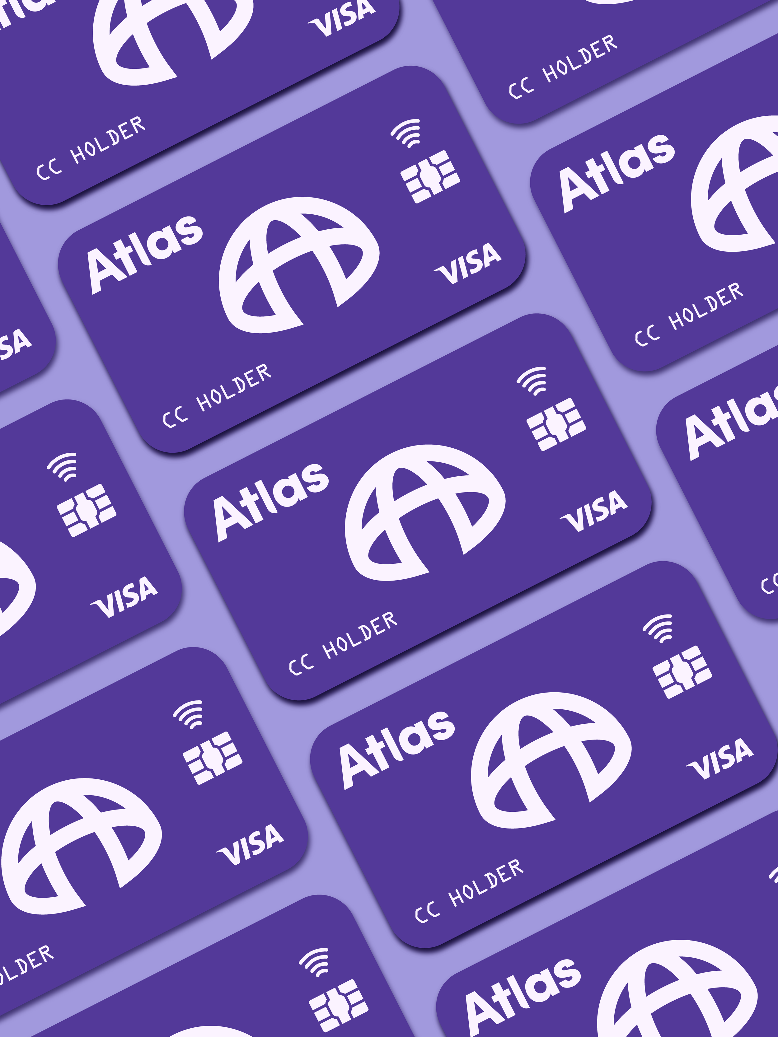 Multiple purple cards with white text and graphics; each card shows the word 'Atlas,' a globe icon, a Wi-Fi icon, and the word 'VISA'; the bottom of each card has the text 'CC HOLDER'.