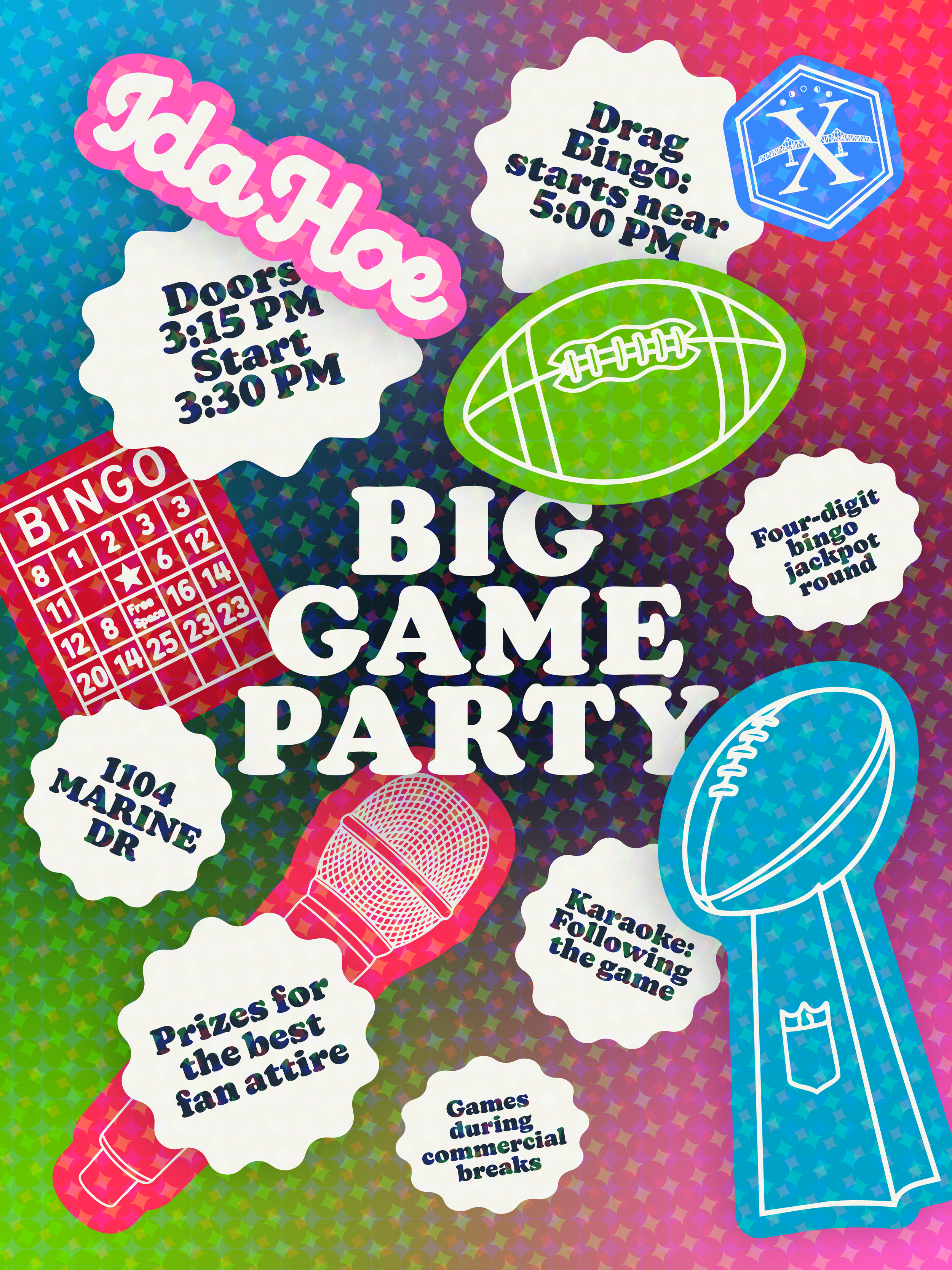Colorful collage of games and activities for a party, including a pink bingo card, a white speech bubble with event times, a green football graphic, a red microphone icon, and various text bubbles with game descriptions such as 'Drag Bingo: starts ne