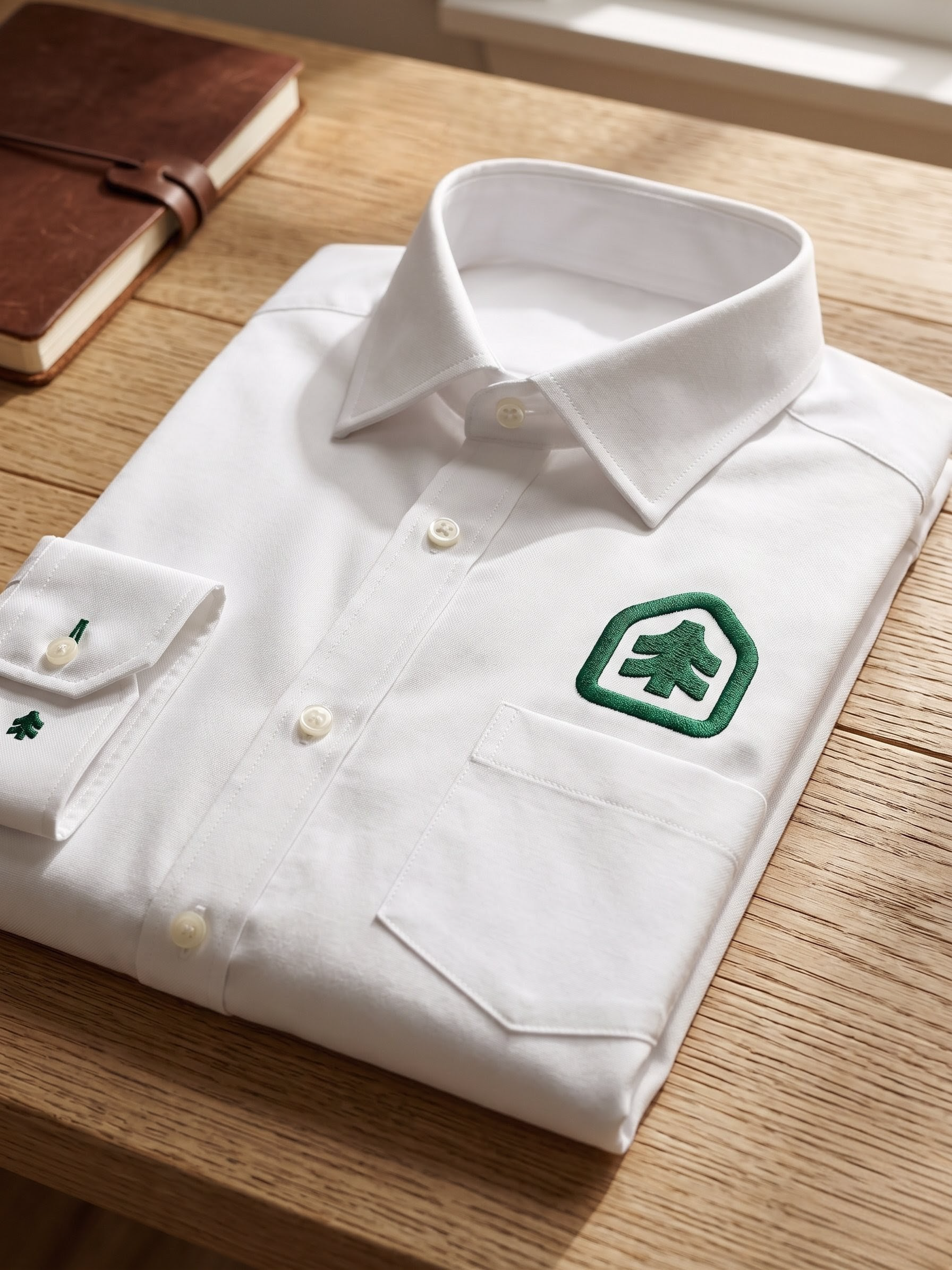 White embroidered chef jacket with a green logo, placed on a wooden surface.