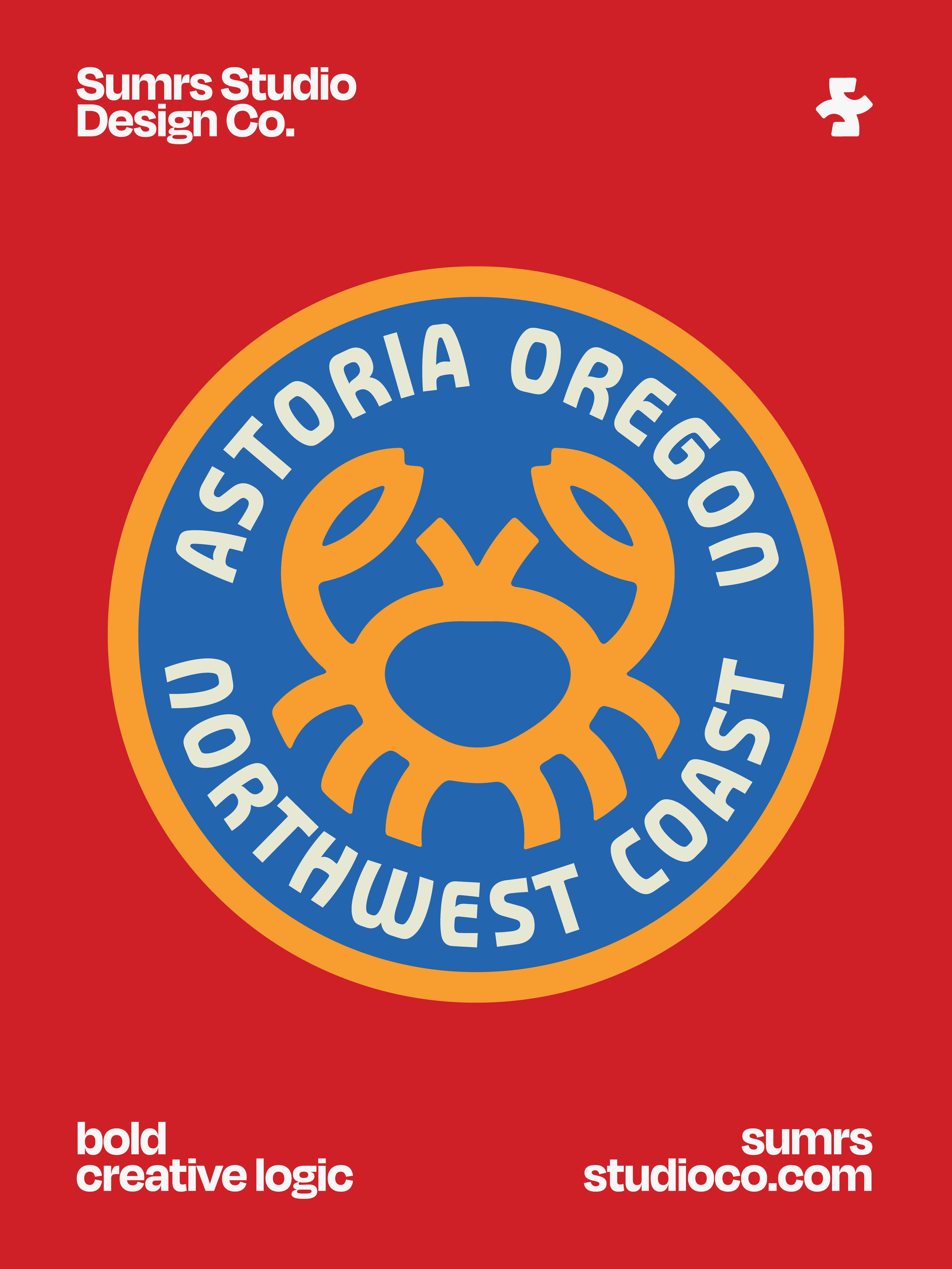 Red background with a circular logo in the center. The logo features a gear symbol in blue and orange with "PORTLAND, OREGON" written around it. Top left corner displays "Sumrs Studio Design Co." in white text, and bottom left corner has "bold", "cre