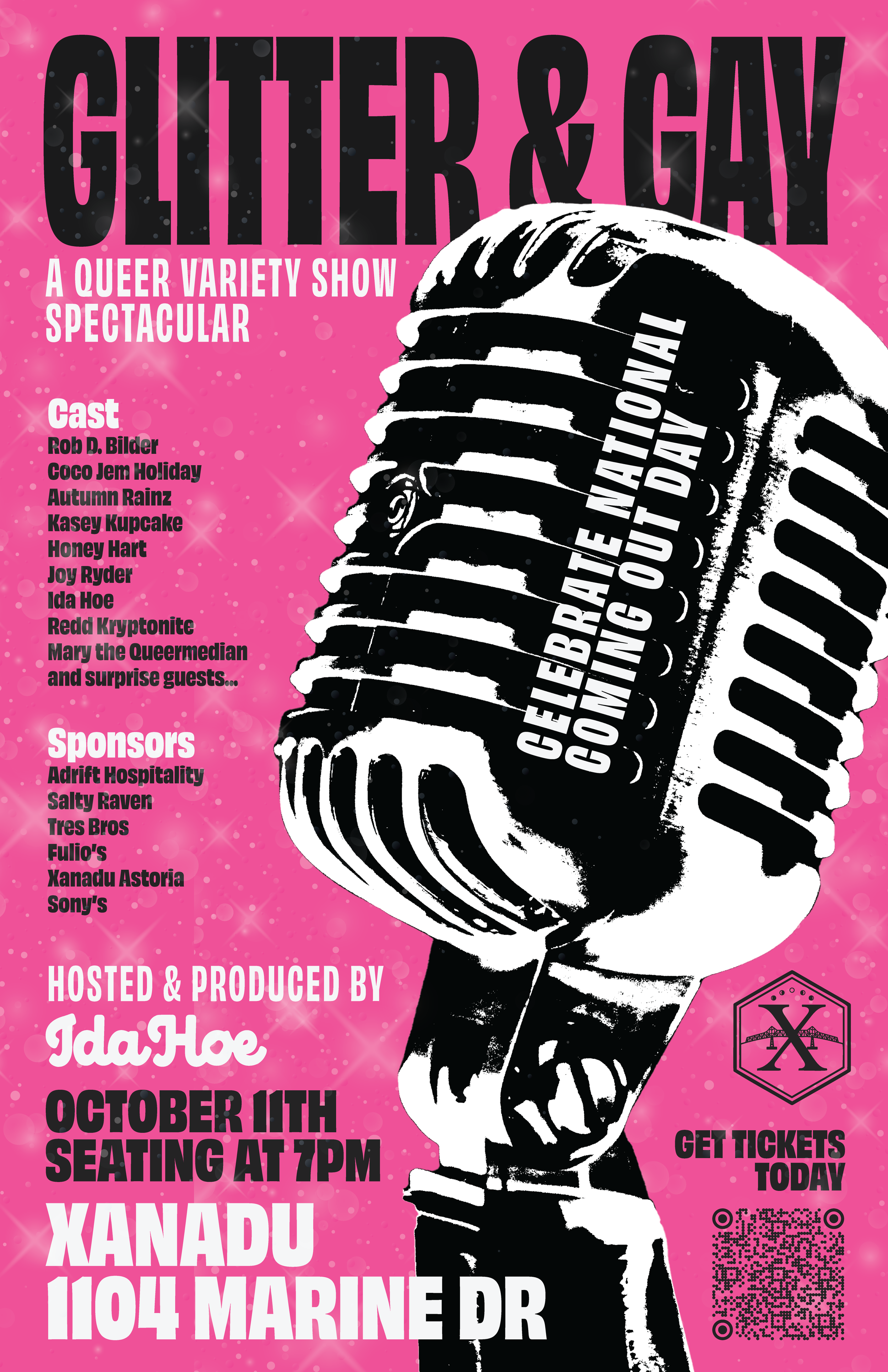 A poster for 'GLITTER & GAY,' a queer variety show, featuring a stylized black and white microphone with the text 'CELEBRATE NATIONAL COMING OUT DAY' wrapped around it, with a pink background with sparkles. The poster lists the cast, sponsors, host, 