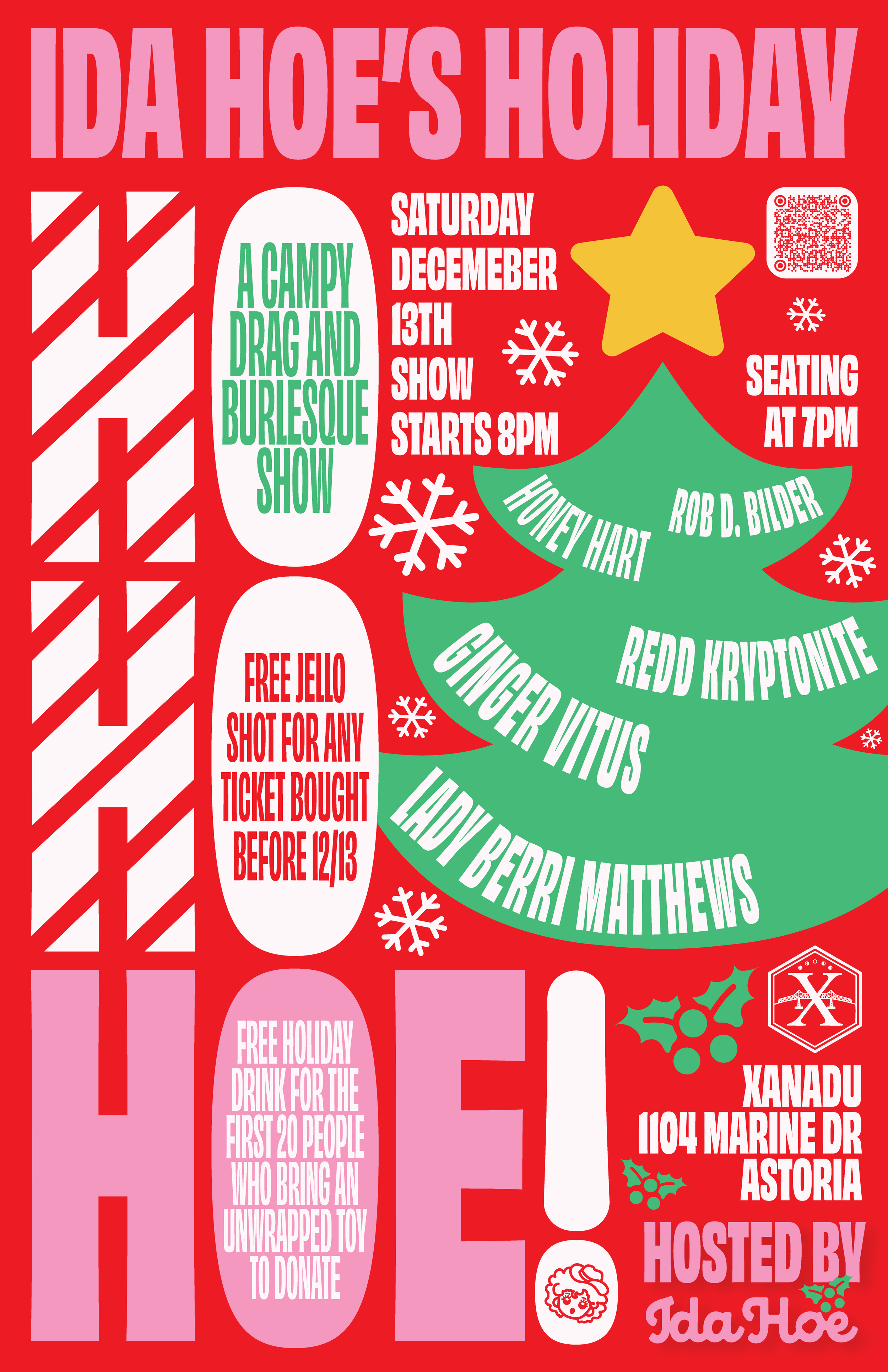 Red background poster with pink, green, white, and yellow text and graphics promoting a holiday drag and burlesque show. Features a green Christmas tree with performers' names, snowflakes, a yellow star, holly, a QR code, and event details.